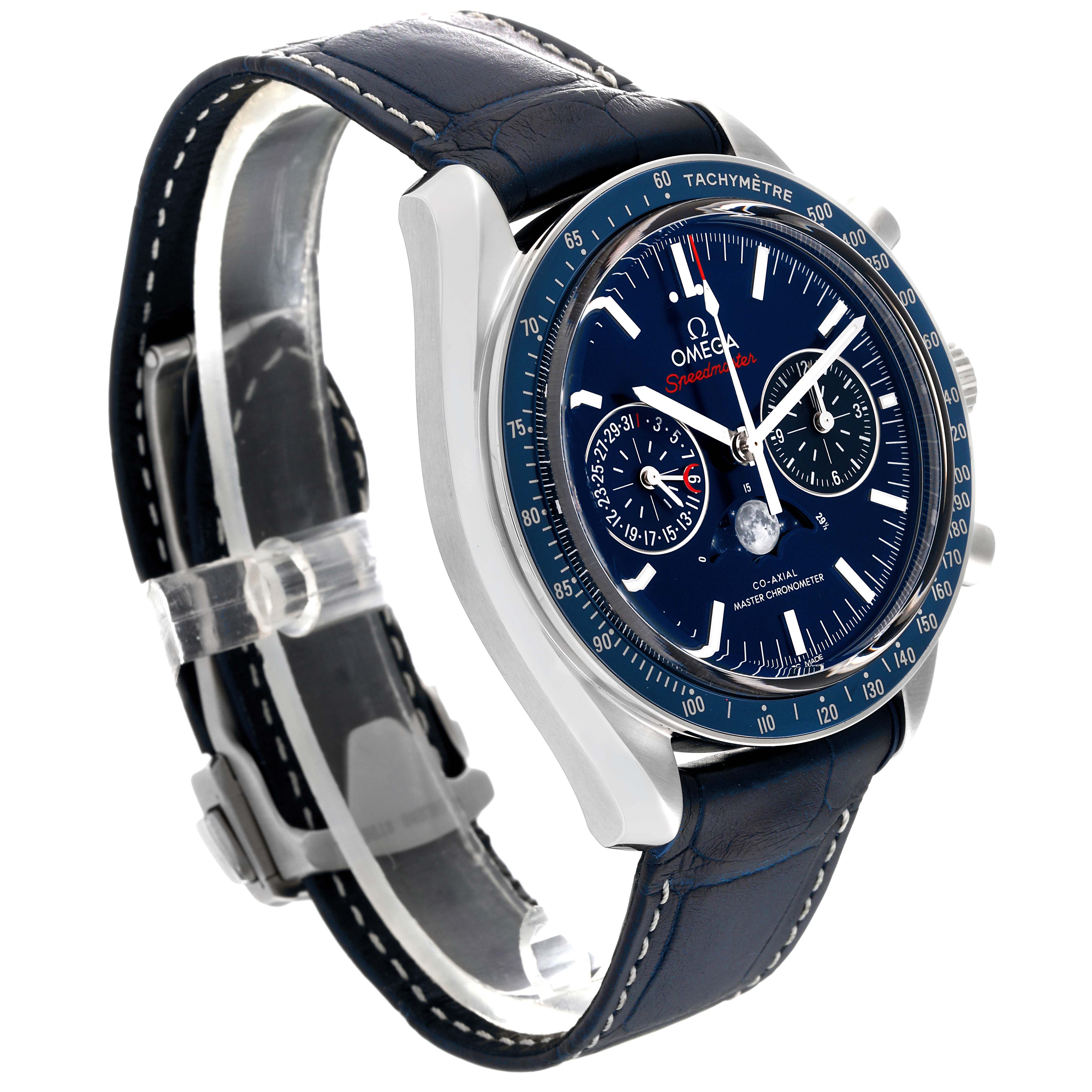 The image shows an angled view of an Omega Speedmaster 304.33.44.52.03.001 Men
s Stainless Steel Blue Dial 304.33.44.52.03.001 Men
s Stainless Steel Blue Dial watch, highlighting the face, bezel, and strap.