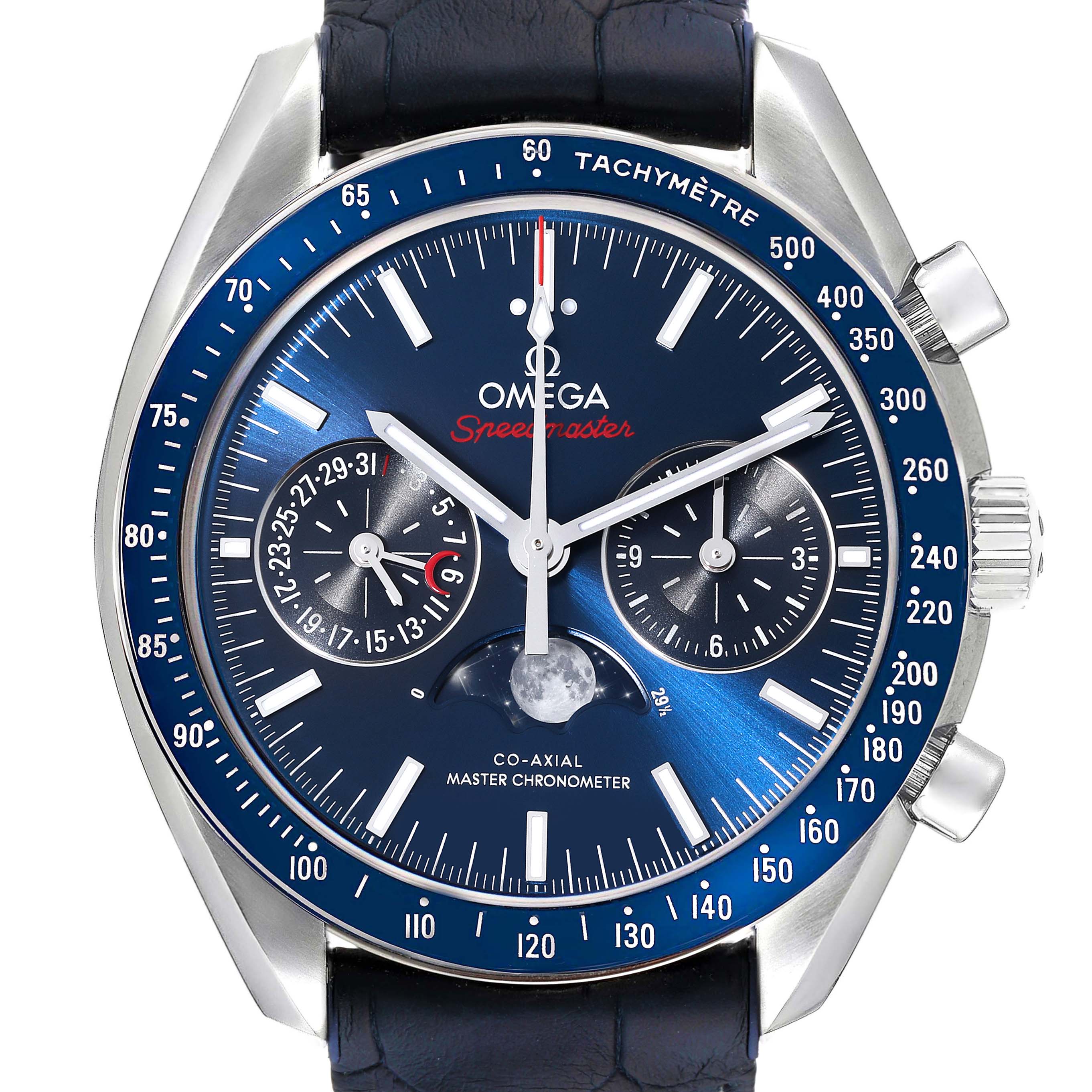 The image shows a front view of the Omega Speedmaster 304.33.44.52.03.001 Men
s Stainless Steel Blue Dial 304.33.44.52.03.001 Men
s Stainless Steel Blue Dial watch, highlighting the dial, subdials, and tachymeter bezel.