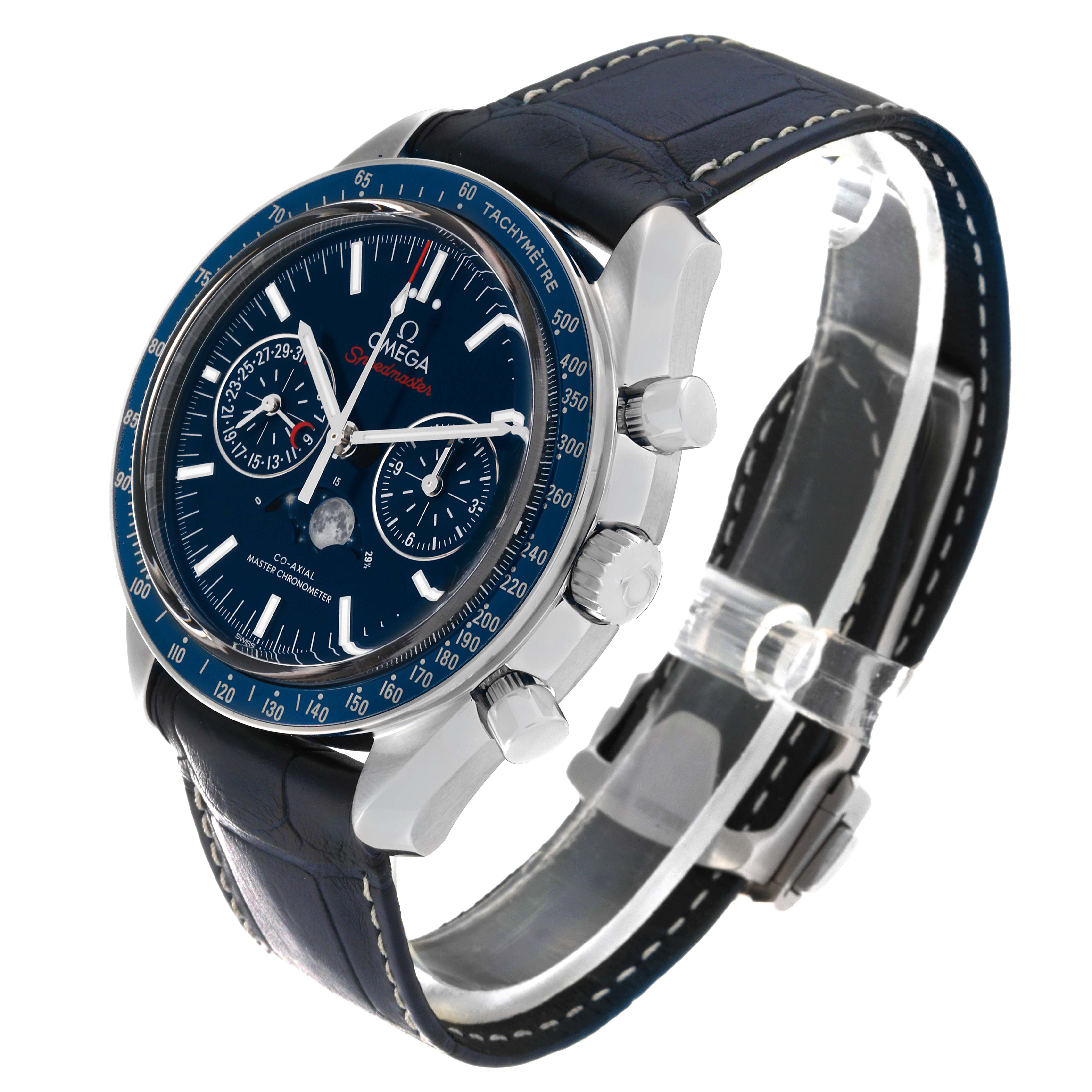 This Omega Speedmaster 304.33.44.52.03.001 Men
s Stainless Steel Blue Dial 304.33.44.52.03.001 Men
s Stainless Steel Blue Dial watch is shown at a front-left angle, highlighting its dial, tachymeter bezel, and leather strap.