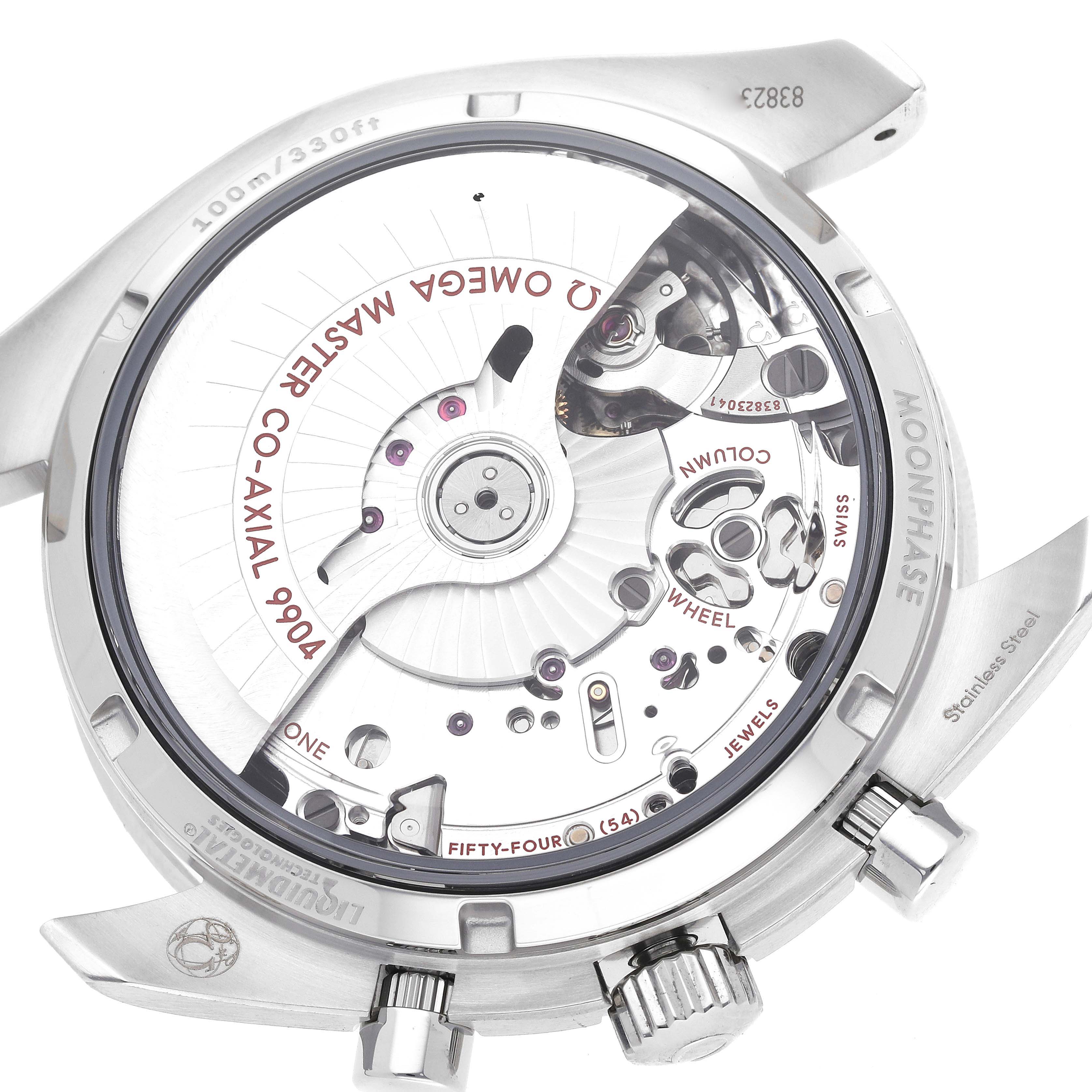 This image shows the back view of an Omega Speedmaster 304.33.44.52.03.001 Men
s Stainless Steel Blue Dial 304.33.44.52.03.001 Men
s Stainless Steel Blue Dial watch, displaying its Co-Axial 9904 movement and internal mechanisms.