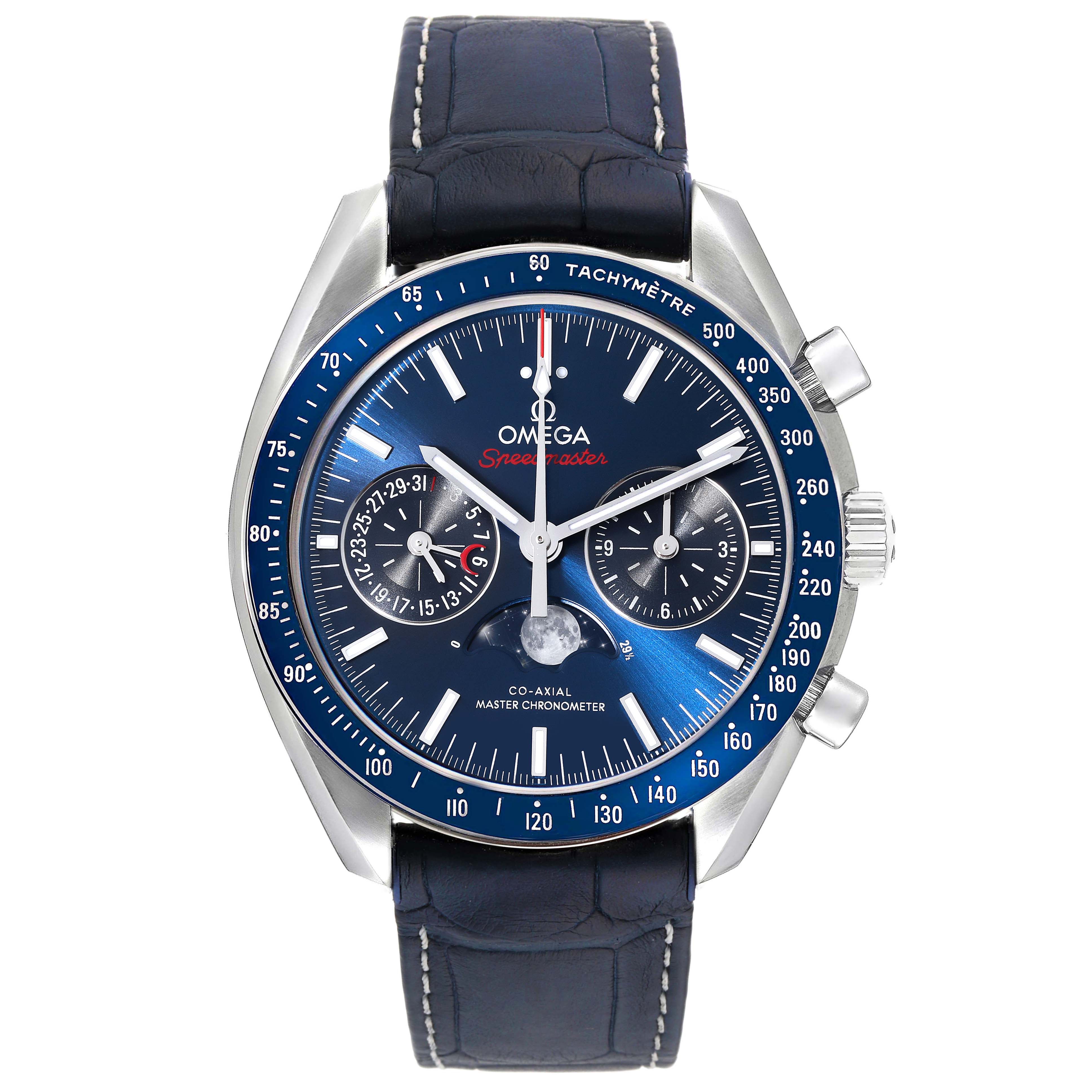 The image displays a front view of an Omega Speedmaster 304.33.44.52.03.001 Men
s Stainless Steel Blue Dial 304.33.44.52.03.001 Men
s Stainless Steel Blue Dial watch, highlighting its face, bezel, hands, and leather strap.