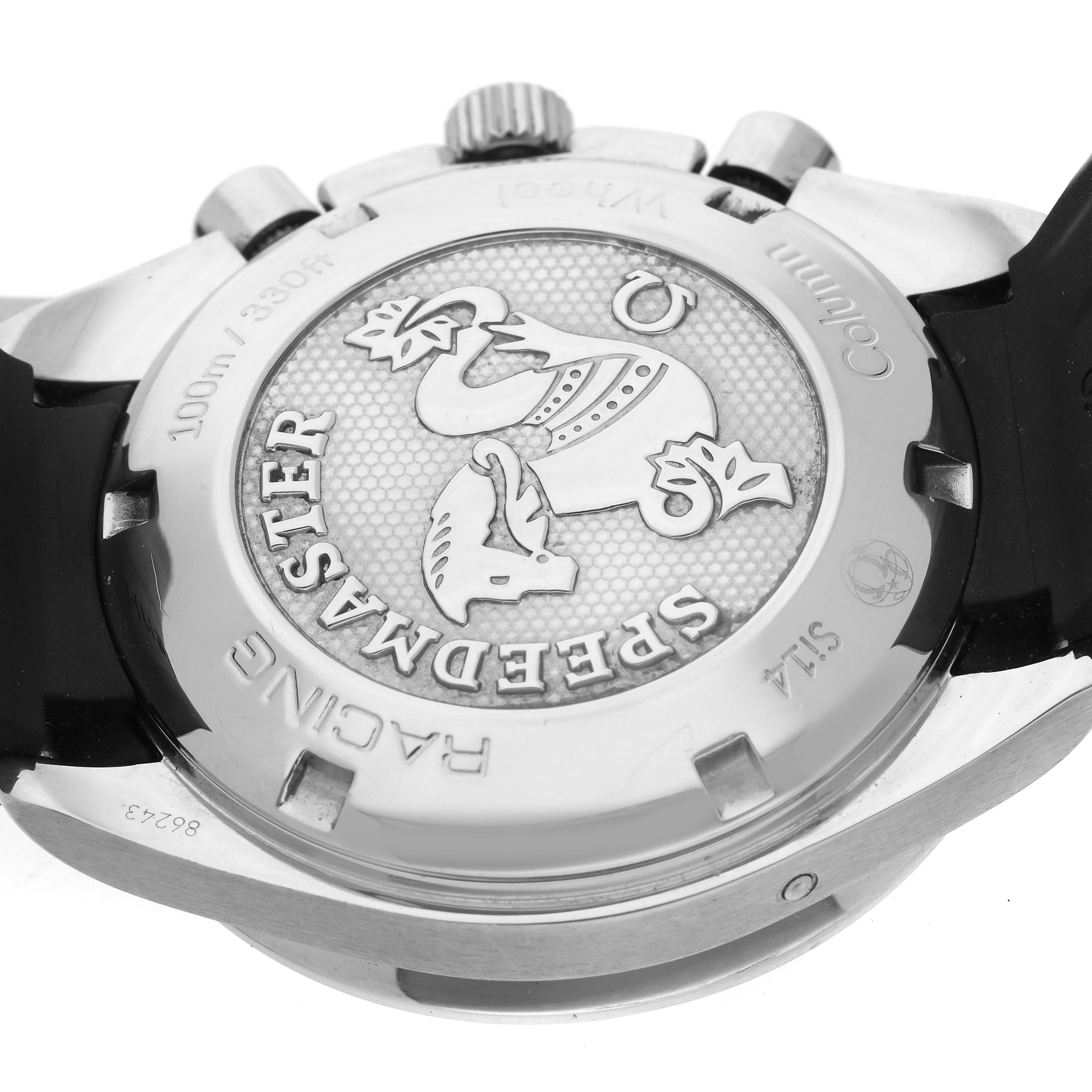 This Omega Speedmaster 326.32.40.50.11.001 Men's Stainless Steel Red Dial 326.32.40.50.11.001 Men's Stainless Steel Red Dial watch is shown from the back, highlighting the engraved case back and detailing.