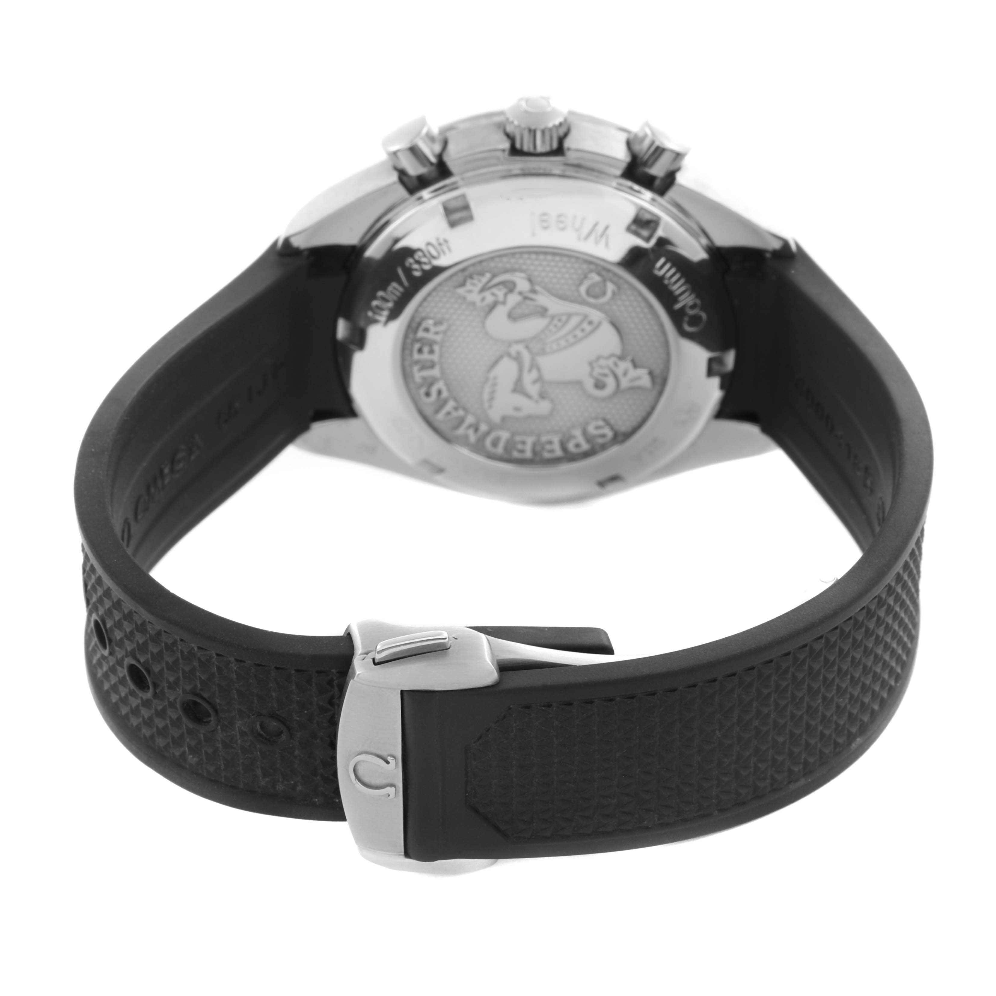 The image shows the back of the Omega Speedmaster 326.32.40.50.11.001 Men's Stainless Steel Red Dial 326.32.40.50.11.001 Men's Stainless Steel Red Dial watch, highlighting the case back, pushers, and strap with a buckle.