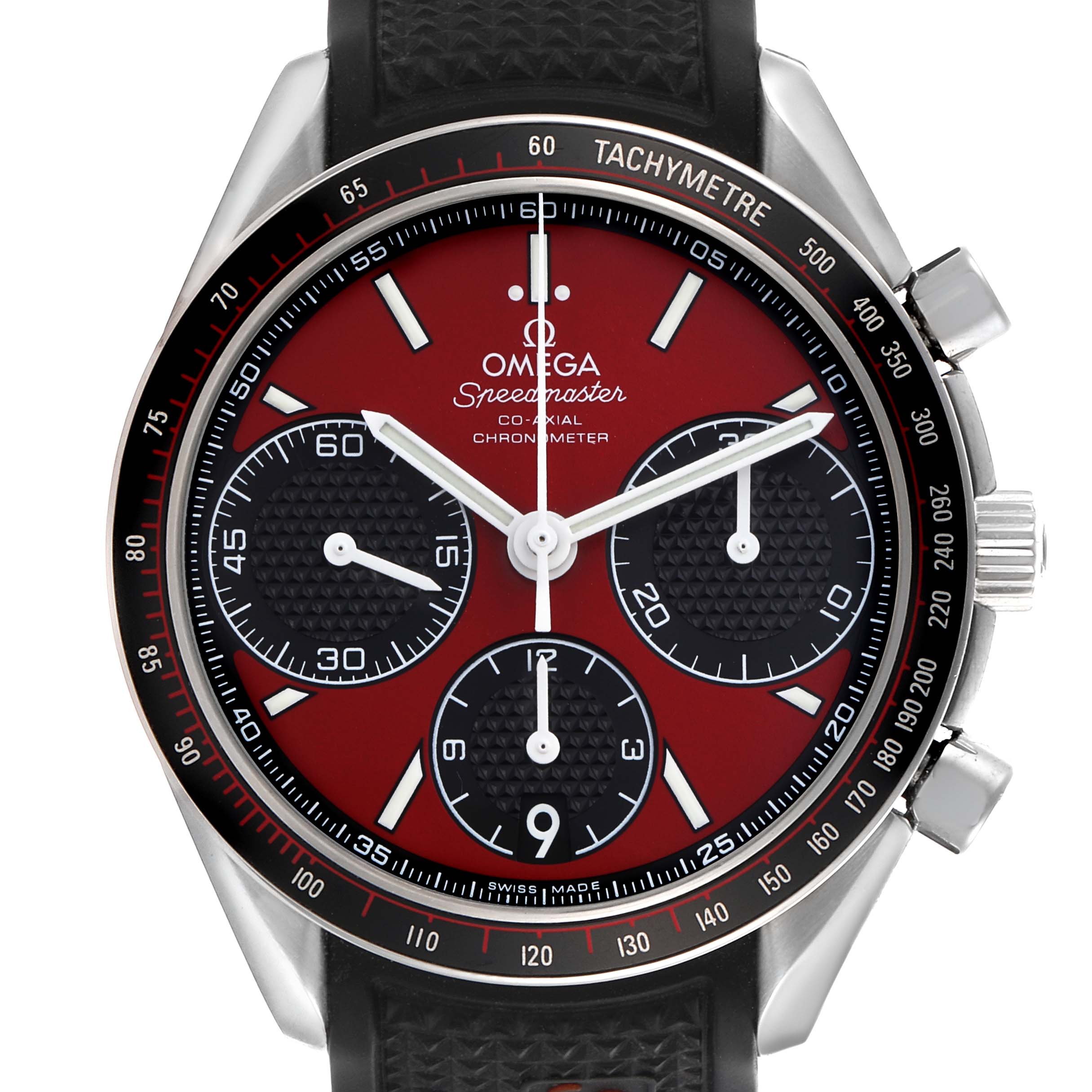 The Omega Speedmaster 326.32.40.50.11.001 Men's Stainless Steel Red Dial 326.32.40.50.11.001 Men's Stainless Steel Red Dial watch is shown from a front angle, highlighting its bezel, dial, subdials, and pushers.