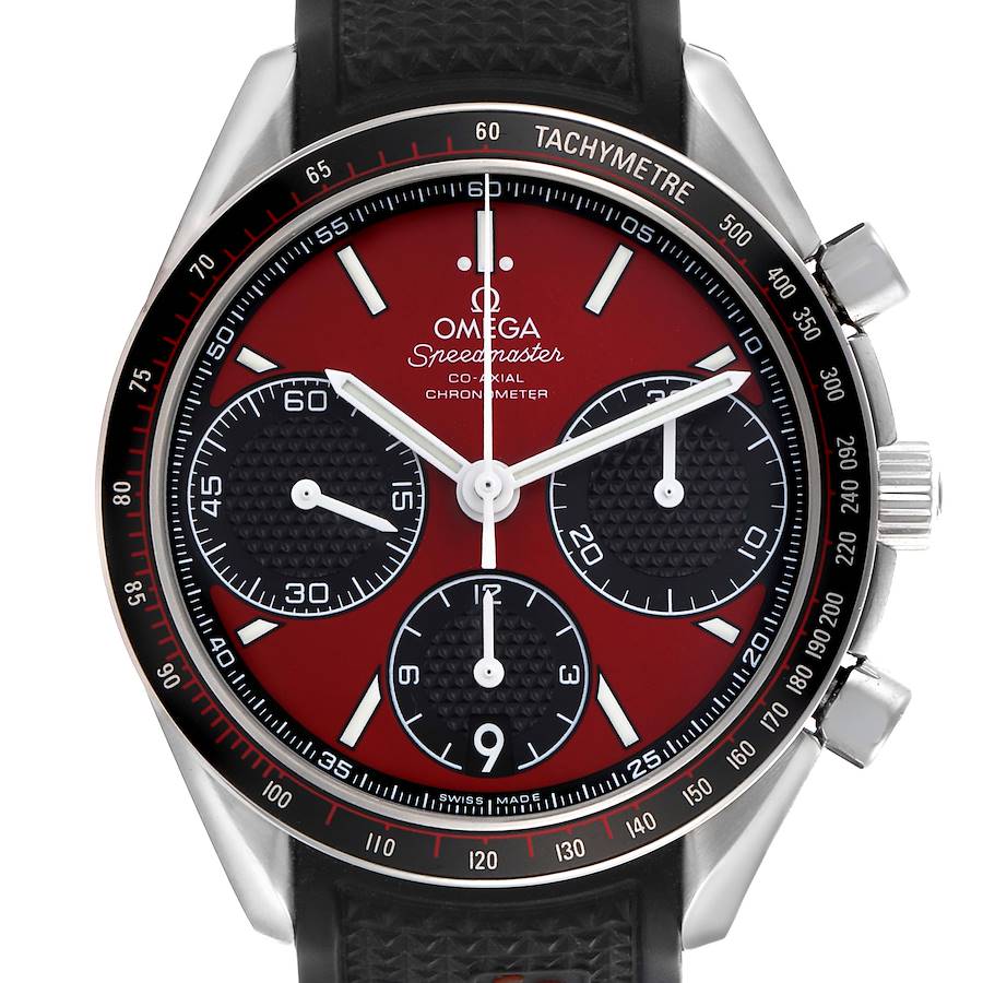 The Omega Speedmaster watch is shown from a front angle, highlighting its bezel, dial, subdials, and pushers.