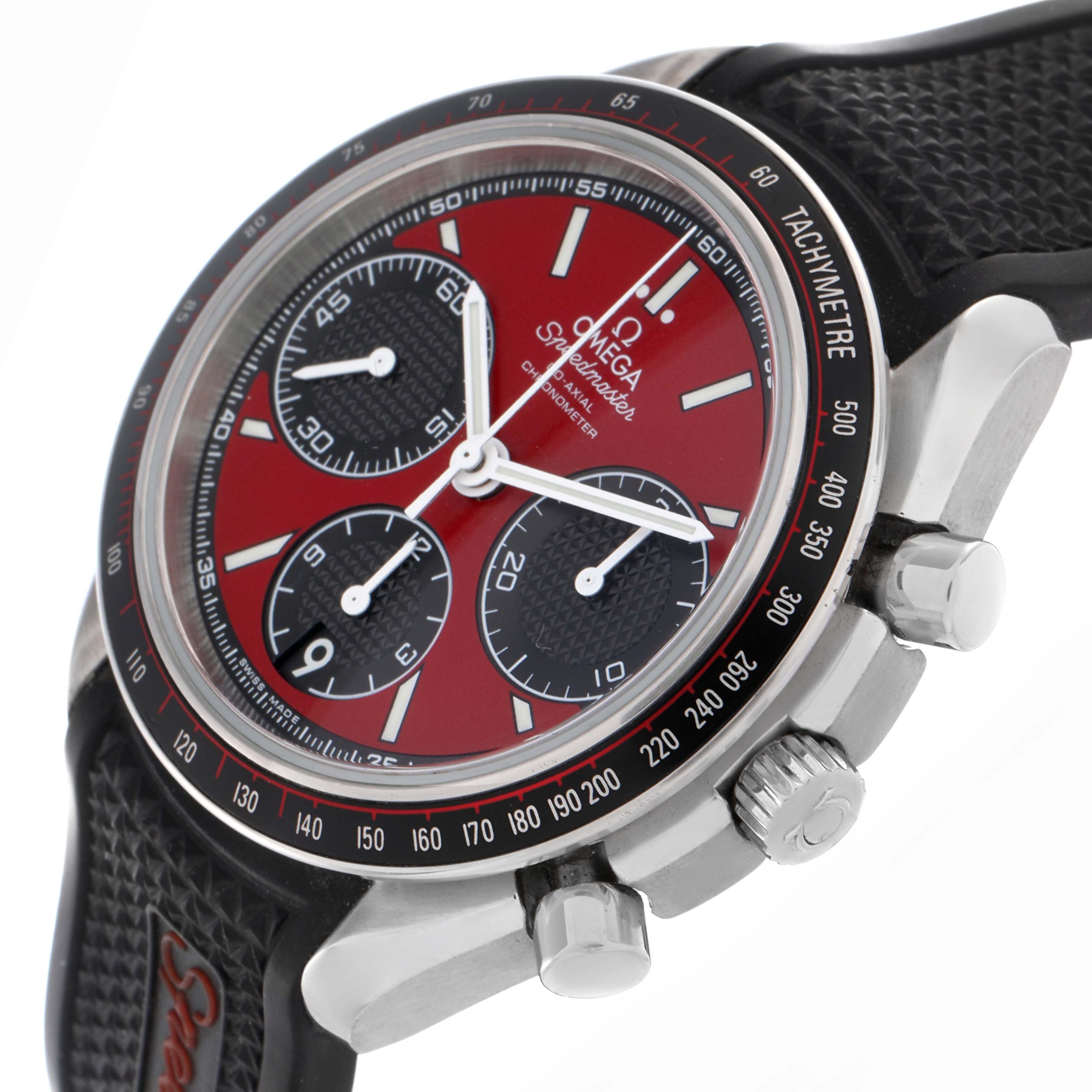 The Omega Speedmaster 326.32.40.50.11.001 Men's Stainless Steel Red Dial 326.32.40.50.11.001 Men's Stainless Steel Red Dial watch is shown from an angled side view, highlighting the red dial, chronograph sub-dials, bezel, crown, and strap.