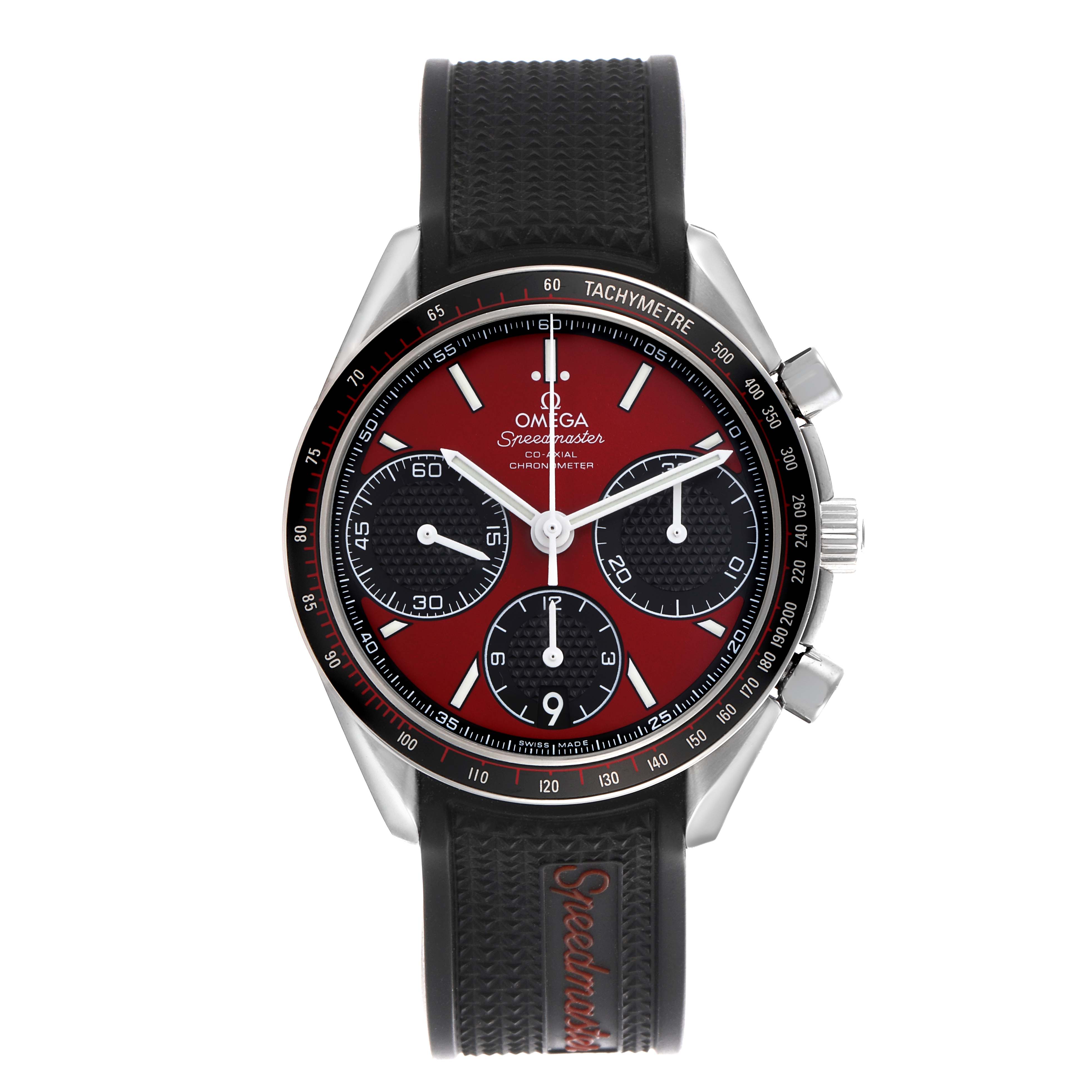 The Omega Speedmaster 326.32.40.50.11.001 Men's Stainless Steel Red Dial 326.32.40.50.11.001 Men's Stainless Steel Red Dial watch is shown from a top-down angle, highlighting the face, bezel, pushers, crown, and strap.