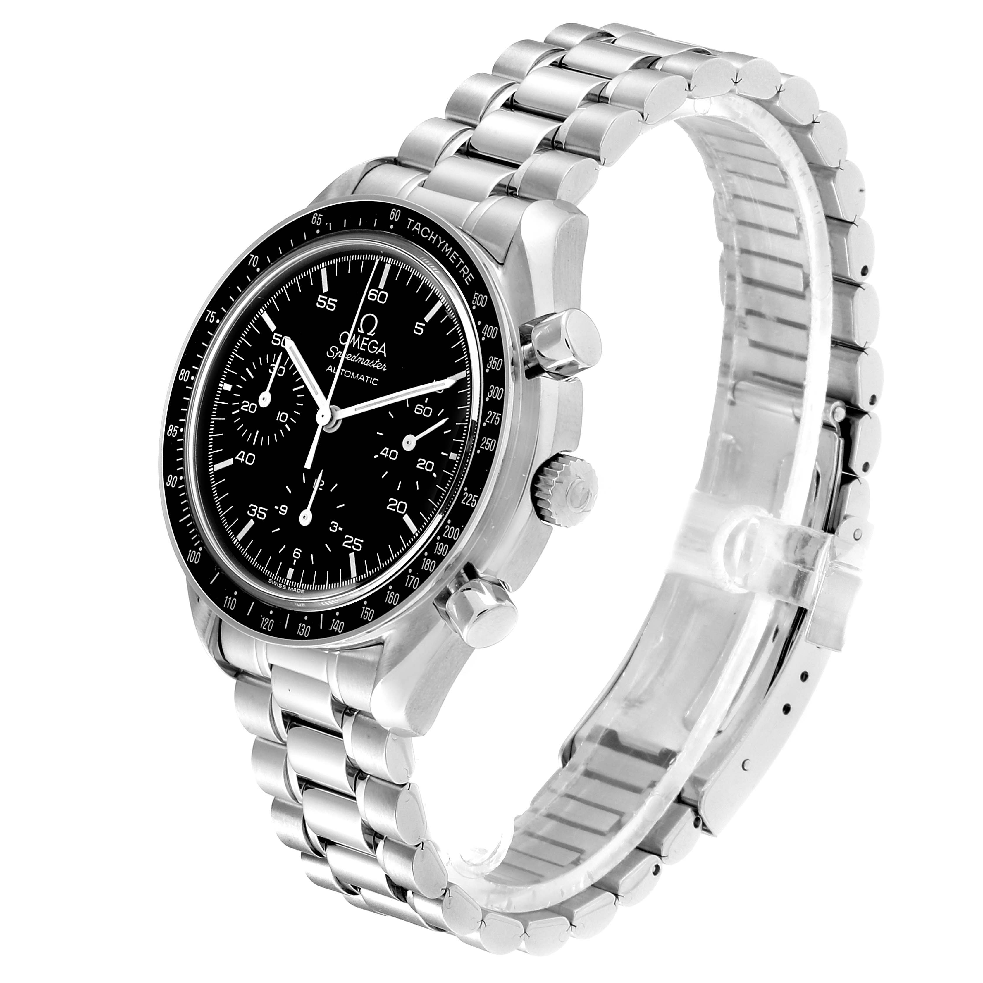 The image shows a side angle of the Omega Speedmaster 3510.50.00 Men
s Stainless Steel Black Dial 3510.50.00 Men
s Stainless Steel Black Dial watch, highlighting its black dial, tachymeter bezel, and metal bracelet.