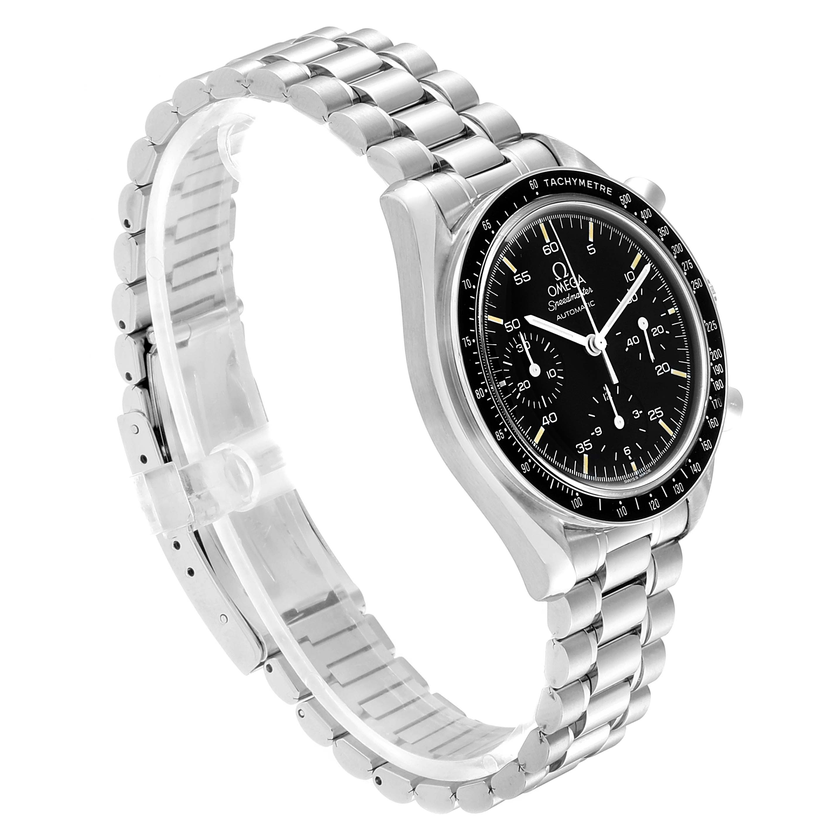 The image shows an Omega Seamaster 3510.50.00 Men
s Stainless Steel Black Dial 3510.50.00 Men
s Stainless Steel Black Dial watch at a three-quarter angle, highlighting its black dial and metal bracelet.