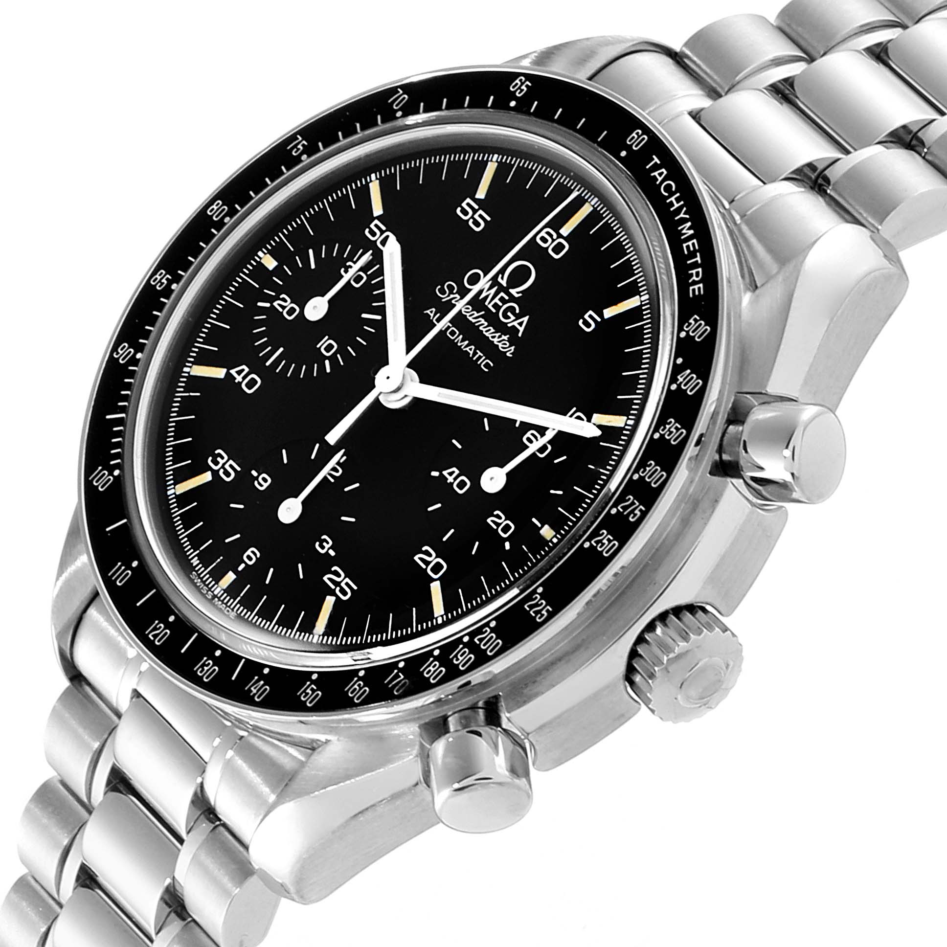 The image shows an Omega Seamaster 3510.50.00 Men
s Stainless Steel Black Dial 3510.50.00 Men
s Stainless Steel Black Dial chronograph watch at a three-quarter angle, highlighting the face, bezel, crown, and metal bracelet.