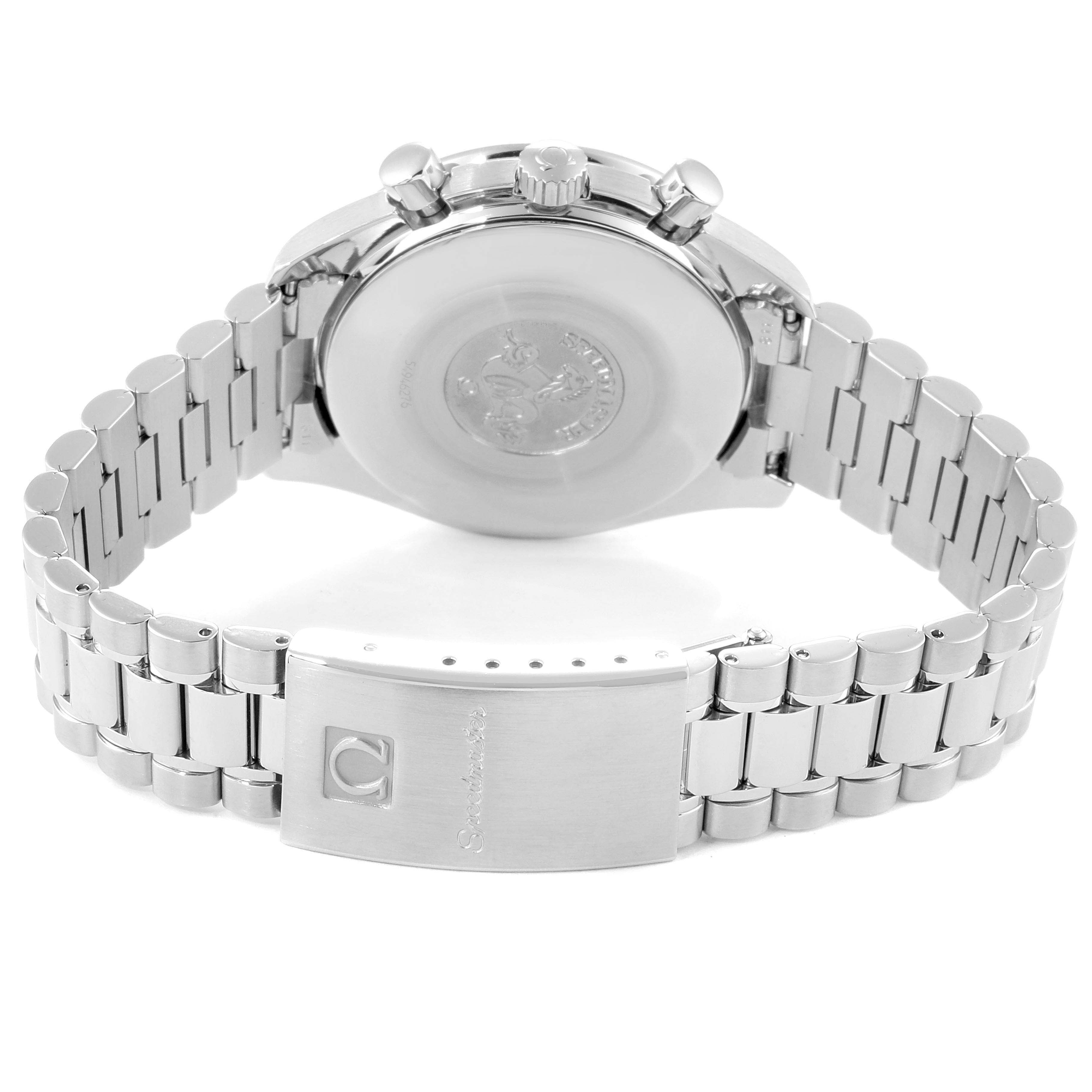 The image shows the back view of an Omega Seamaster 3510.50.00 Men
s Stainless Steel Black Dial 3510.50.00 Men
s Stainless Steel Black Dial watch, highlighting the stainless steel bracelet and clasp.