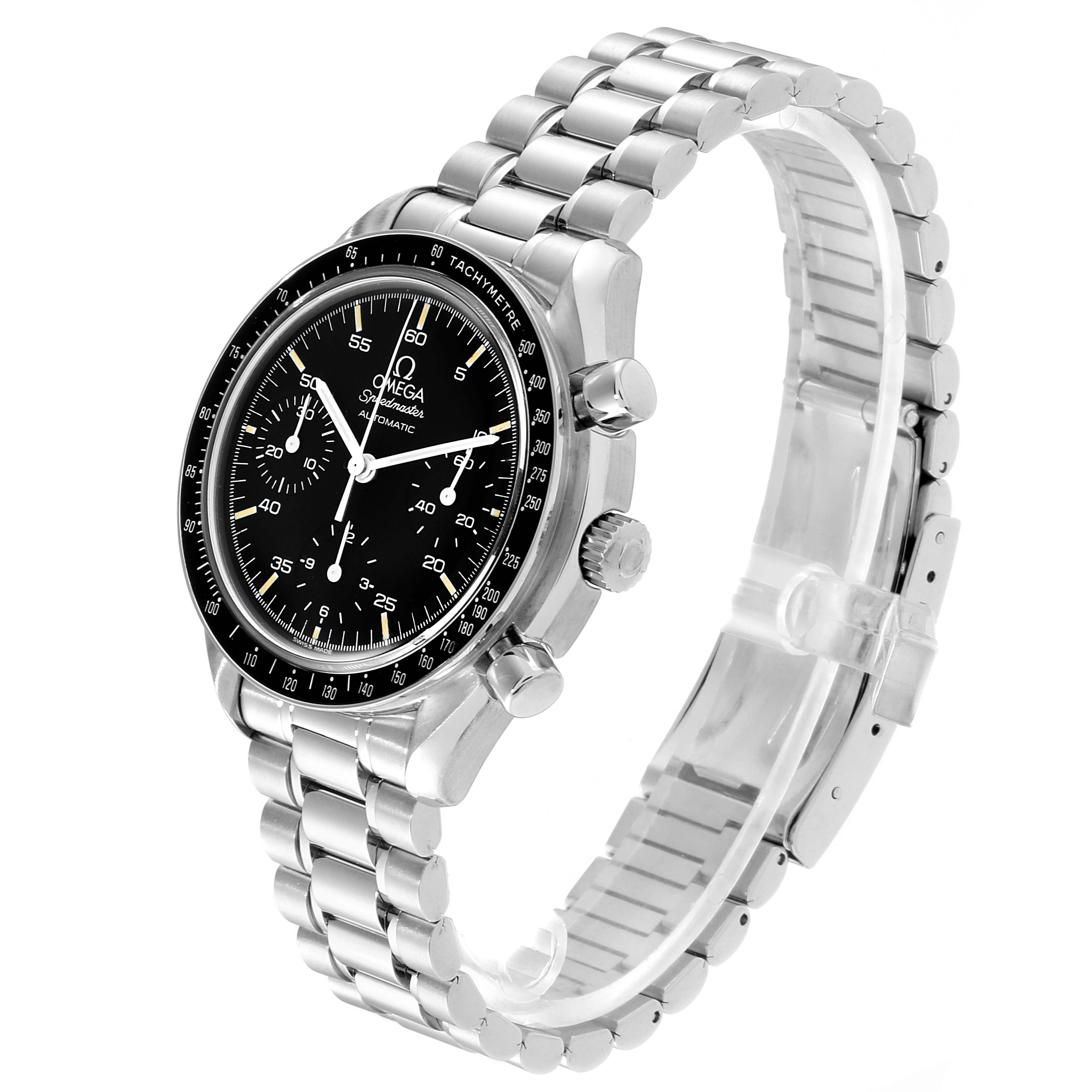 This image shows a side view angle of an Omega Seamaster 3510.50.00 Men
s Stainless Steel Black Dial 3510.50.00 Men
s Stainless Steel Black Dial watch, highlighting its stainless steel bracelet, bezel, and crown.