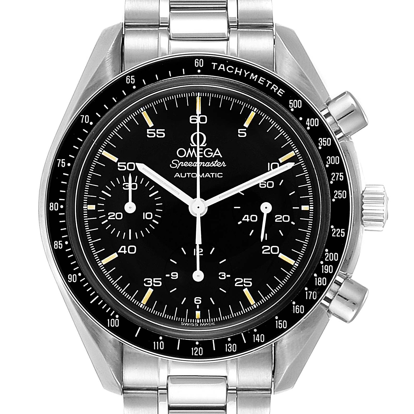 The Omega Seamaster 3510.50.00 Men
s Stainless Steel Black Dial 3510.50.00 Men
s Stainless Steel Black Dial watch is shown from a direct front angle, displaying the dial, bezel, pushers, and stainless steel bracelet.