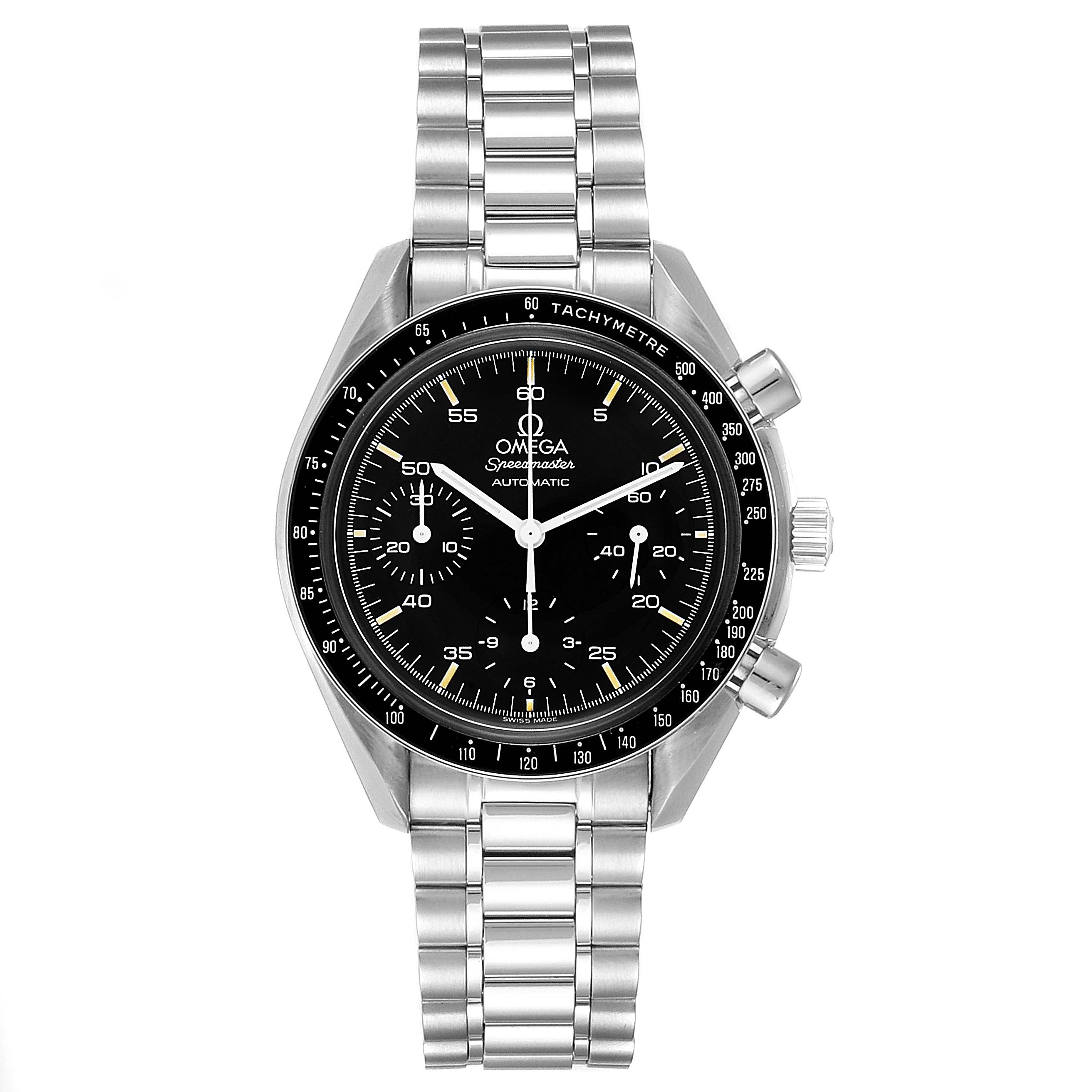 The image shows a front view of the Omega Seamaster 3510.50.00 Men
s Stainless Steel Black Dial 3510.50.00 Men
s Stainless Steel Black Dial watch, highlighting the dial, bezel, and stainless steel bracelet.