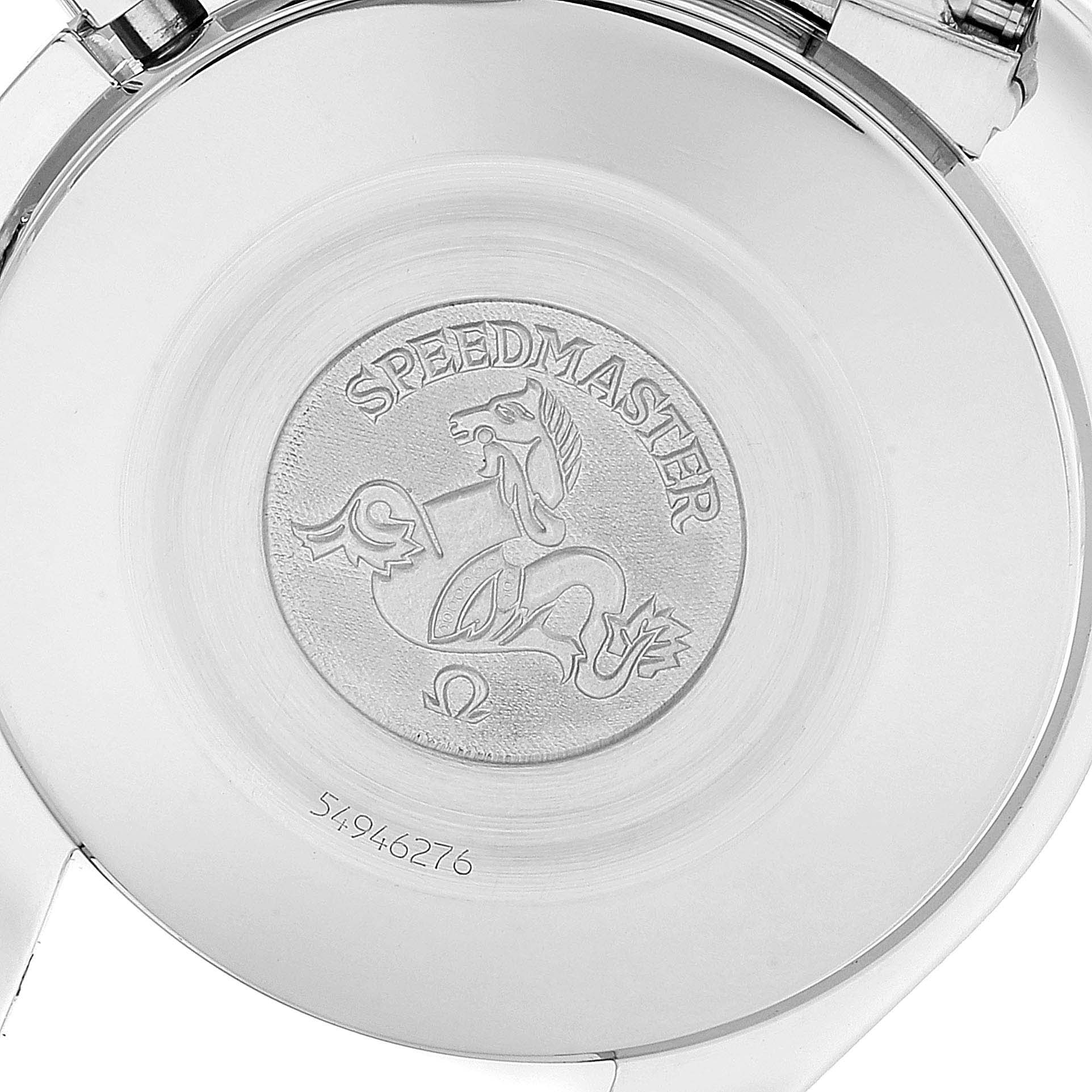 This image shows the back case of an Omega Seamaster 3510.50.00 Men
s Stainless Steel Black Dial 3510.50.00 Men
s Stainless Steel Black Dial watch, highlighting the engraved logo and serial number.