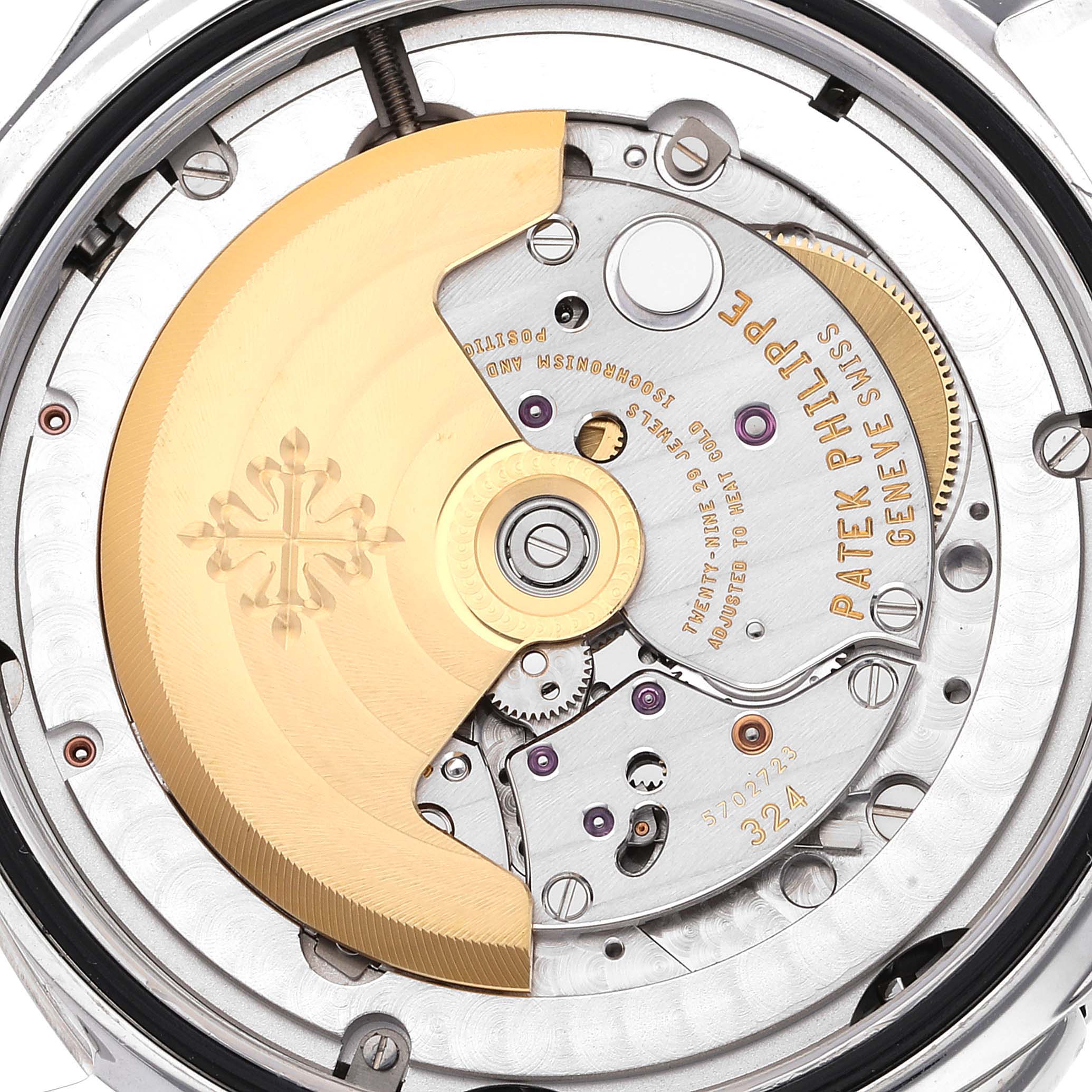 This is a close-up view of the movement mechanism in the Patek Philippe Aquanaut 5164 Men's Stainless Steel Black Dial 5164 Men's Stainless Steel Black Dial watch.