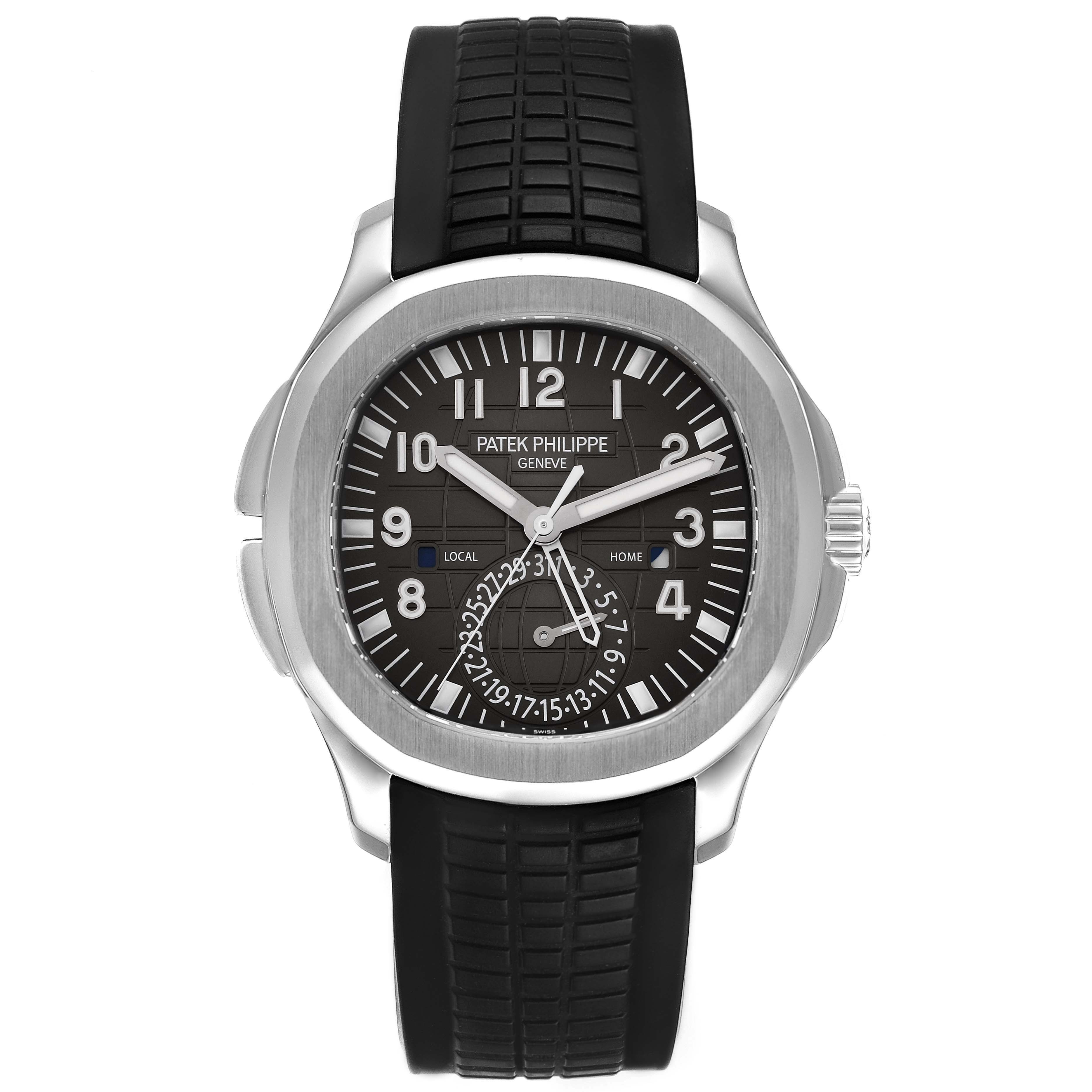 The image shows a front view of the Patek Philippe Aquanaut 5164 Men's Stainless Steel Black Dial 5164 Men's Stainless Steel Black Dial watch with a black dial and black rubber strap.