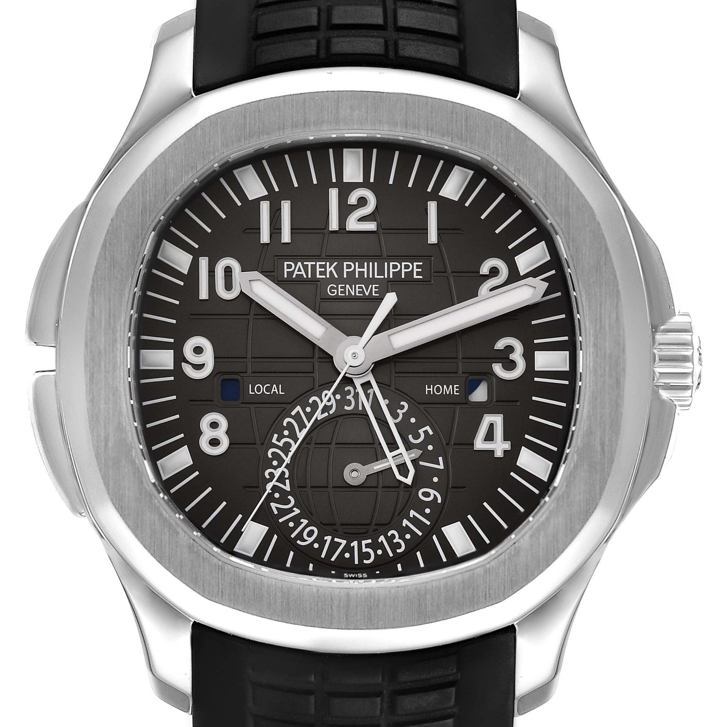 The image shows a front view of the Patek Philippe Aquanaut 5164 Men's Stainless Steel Black Dial 5164 Men's Stainless Steel Black Dial watch, highlighting its dial, bezel, and part of the strap.