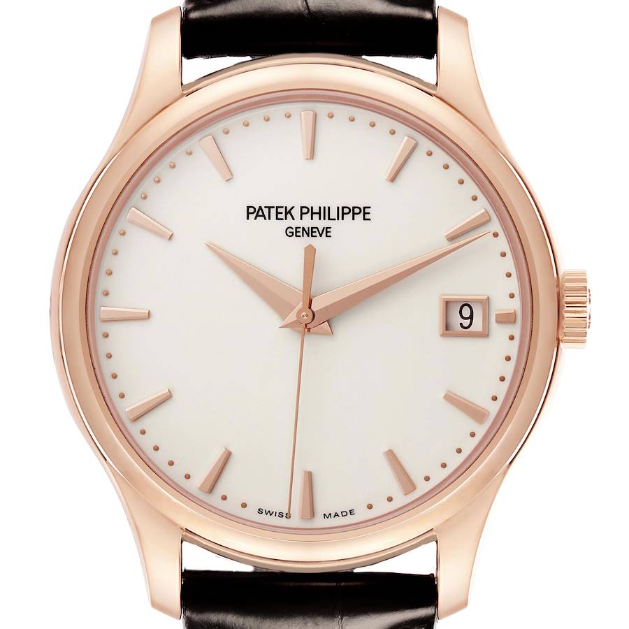 The Patek Philippe Calatrava watch is shown from a front angle, highlighting its dial, hands, bezel, crown, and strap.