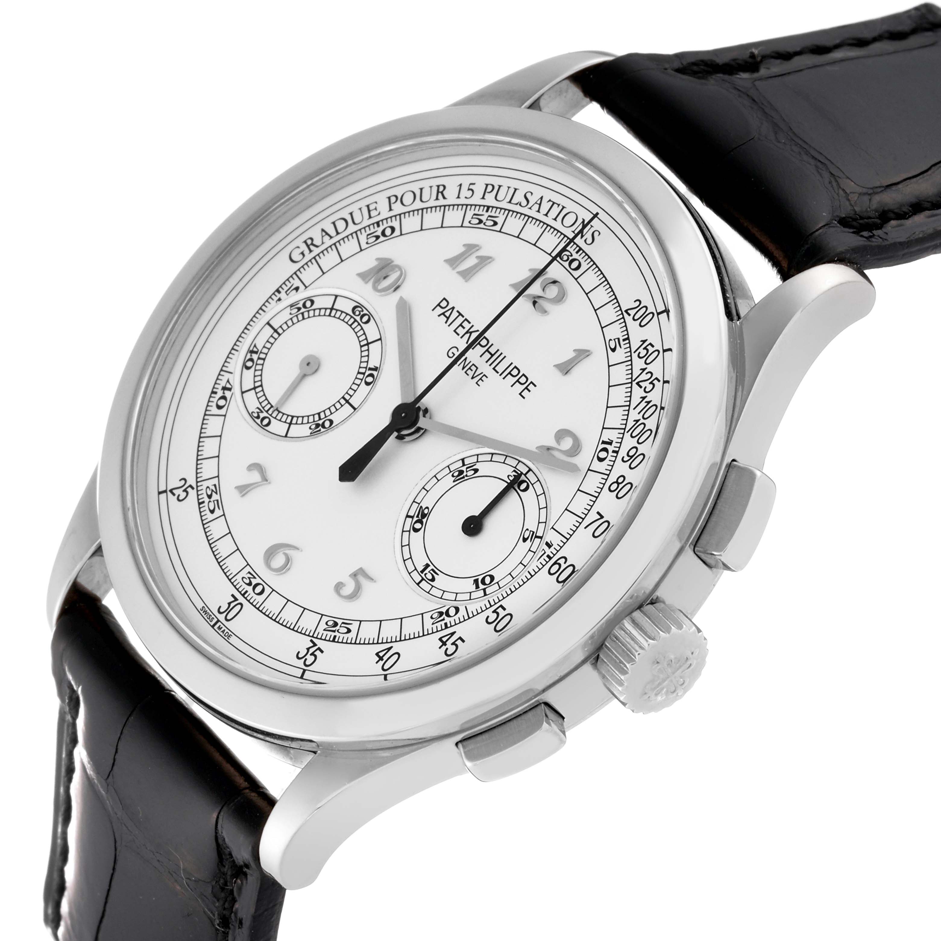 The image shows a Patek Philippe Complications 5170G-001 Men's White Gold Silver Dial 5170G-001 Men's White Gold Silver Dial watch at an angle, displaying the dial, crown, pushers, and leather strap.