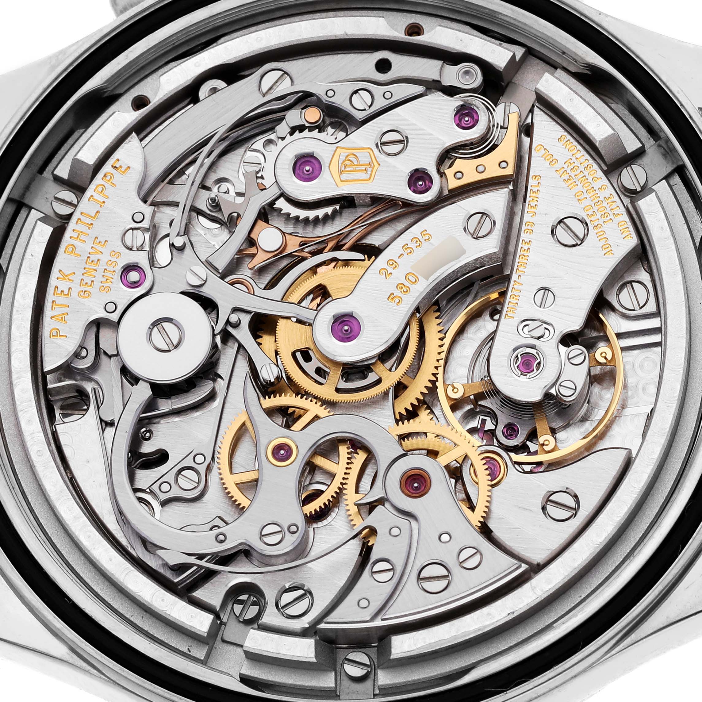 This image shows a close-up of the movement and inner workings of a Patek Philippe Complications 5170G-001 Men's White Gold Silver Dial 5170G-001 Men's White Gold Silver Dial model watch.