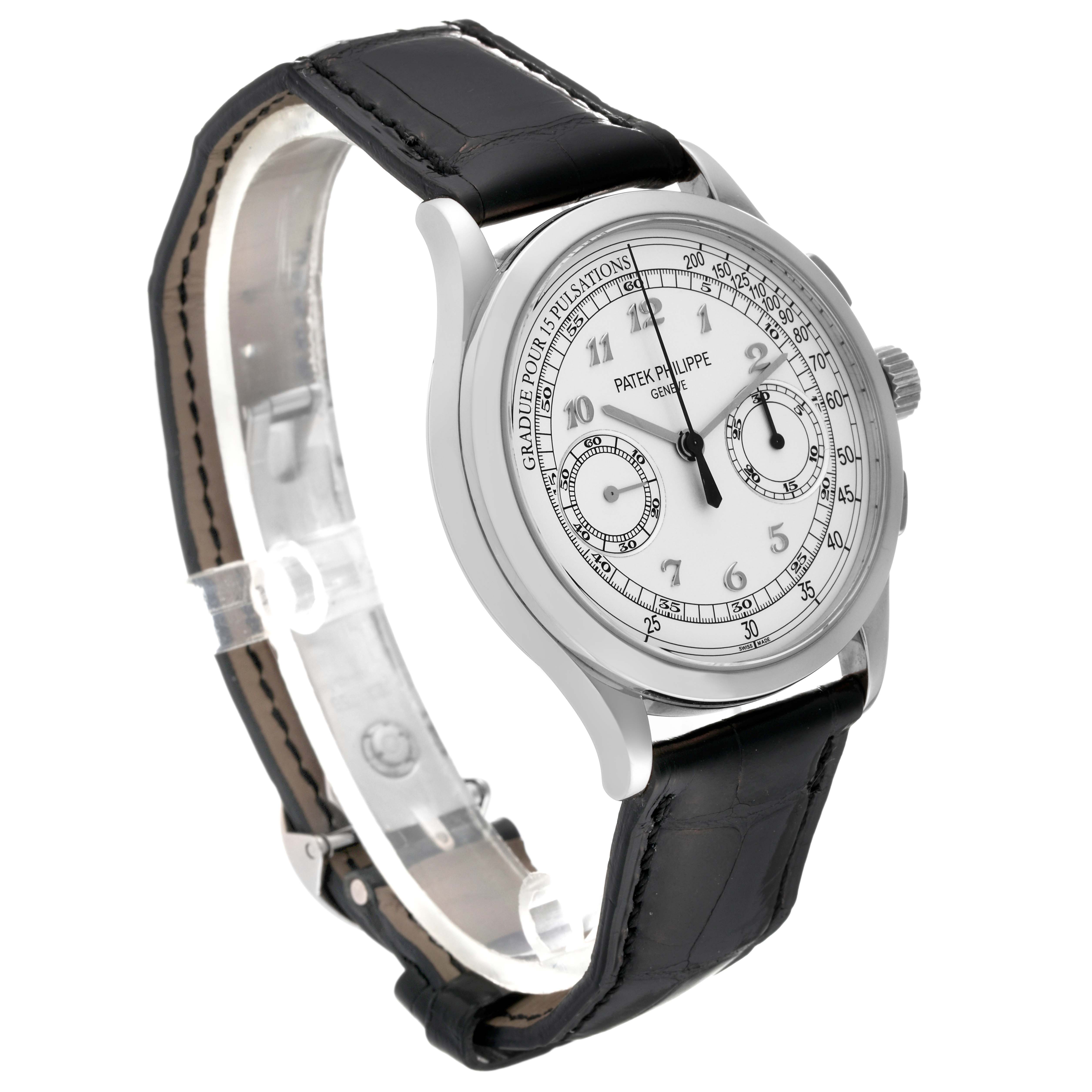 The image shows a side angle view of a Patek Philippe Complications 5170G-001 Men's White Gold Silver Dial 5170G-001 Men's White Gold Silver Dial model watch, displaying the face and part of the black leather strap.