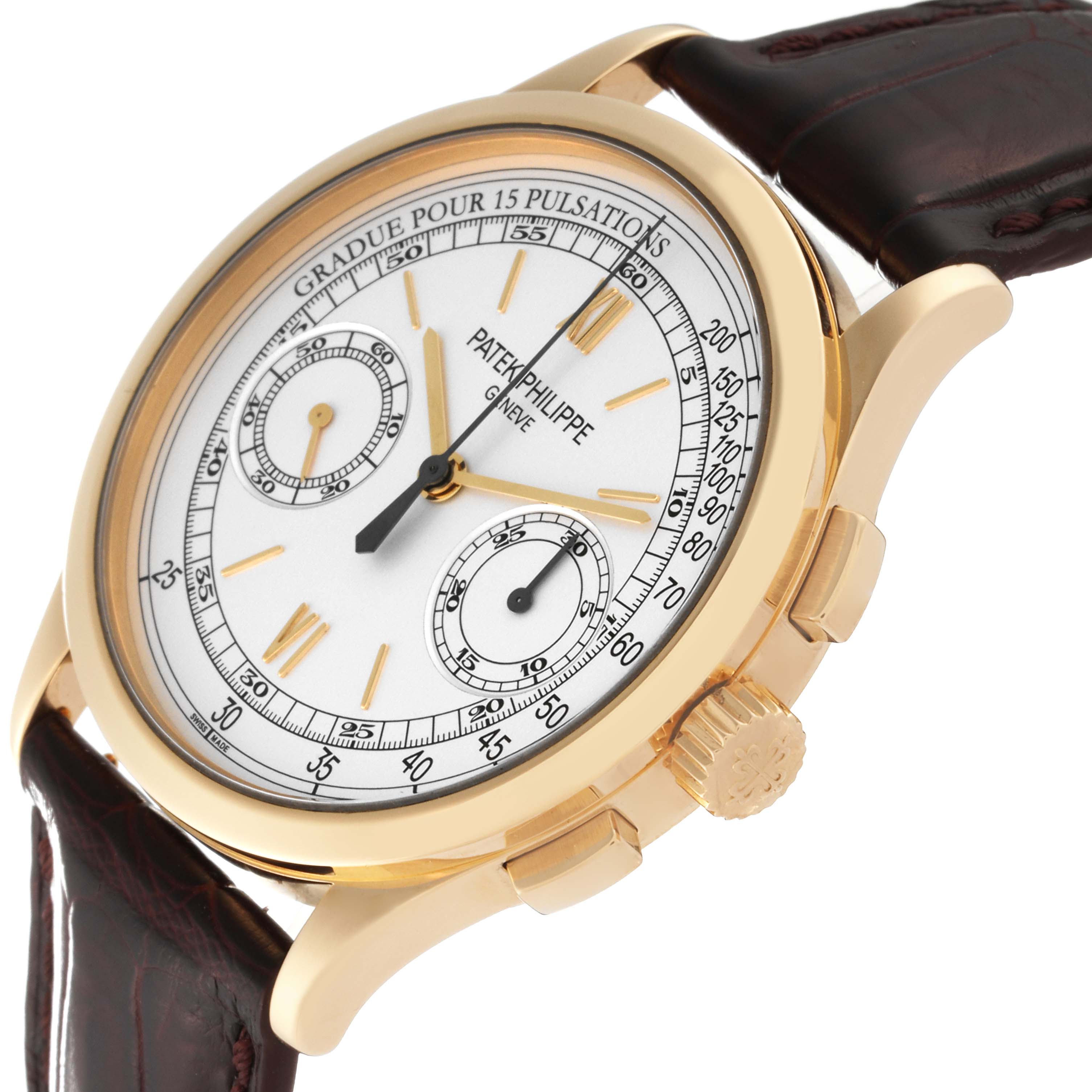 This image shows a Patek Philippe Complications 5170J Men
s Yellow Gold Silver Dial 5170J Men
s Yellow Gold Silver Dial model watch from a slightly low-angle side view, highlighting the dial, crown, and leather strap.