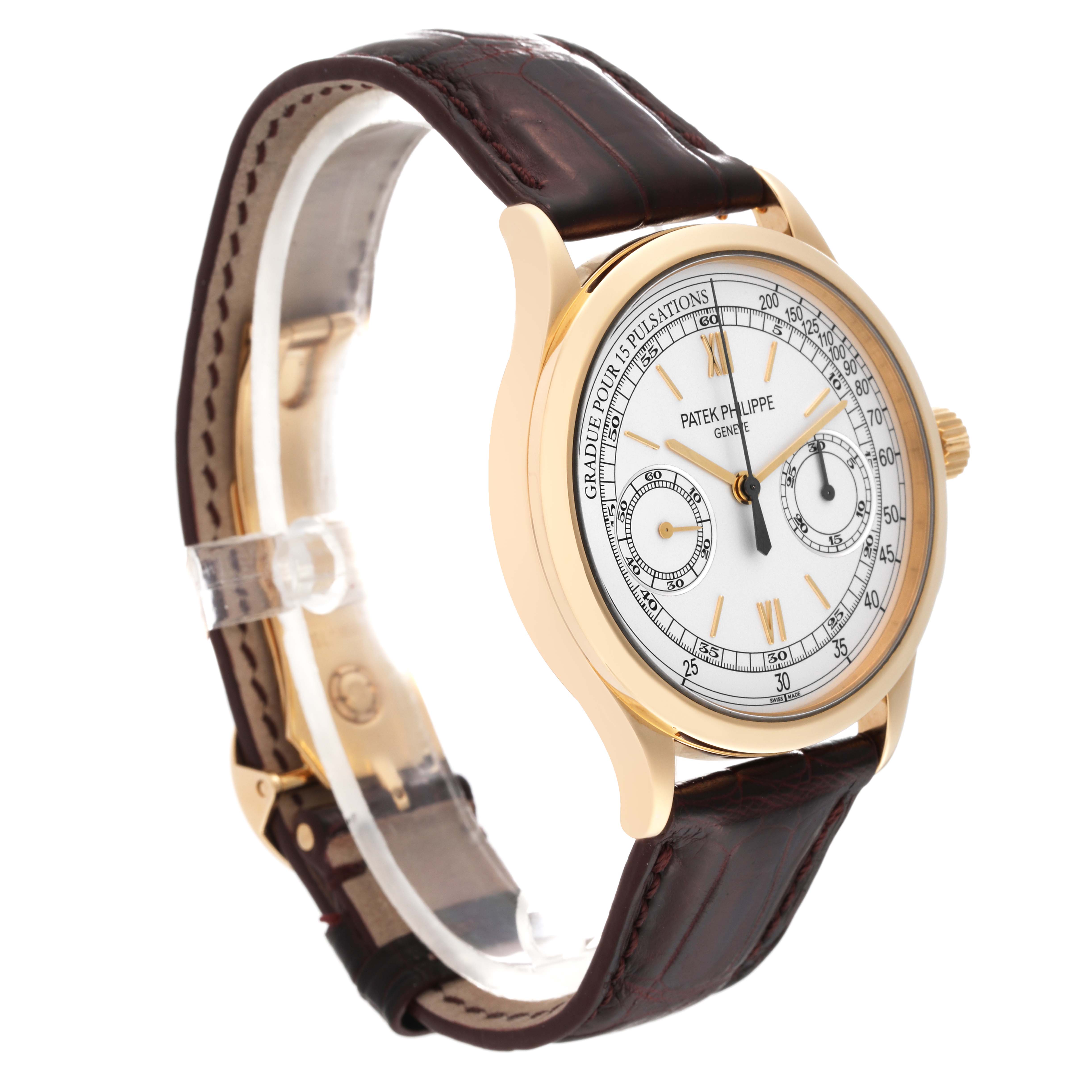 The image shows a Patek Philippe Complications 5170J Men
s Yellow Gold Silver Dial 5170J Men
s Yellow Gold Silver Dial watch angled from the left, displaying the face, bezel, crown, and leather strap.