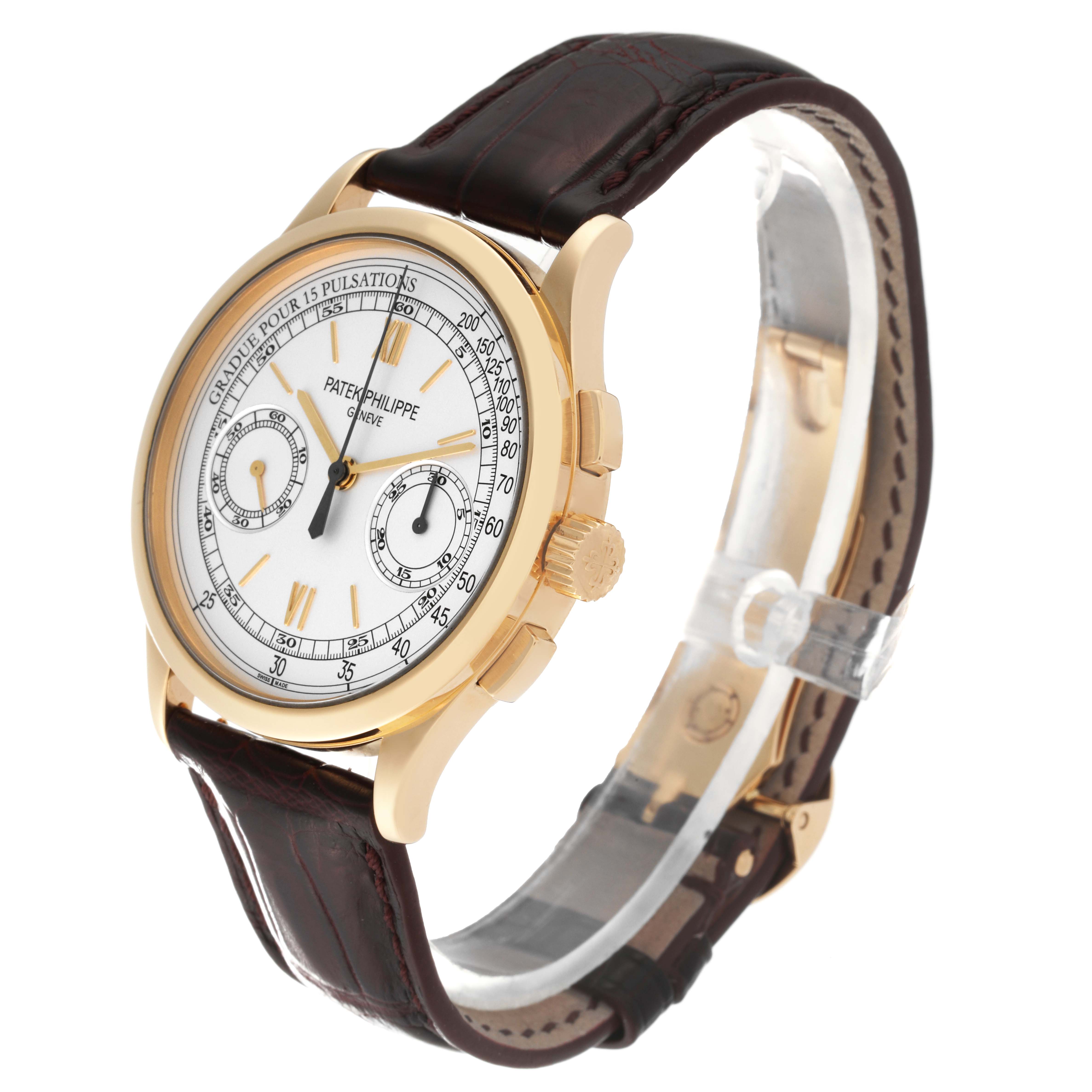 This image shows a side and partial front view of a Patek Philippe Complications 5170J Men
s Yellow Gold Silver Dial 5170J Men
s Yellow Gold Silver Dial watch, showcasing its dial, crown, and leather strap.