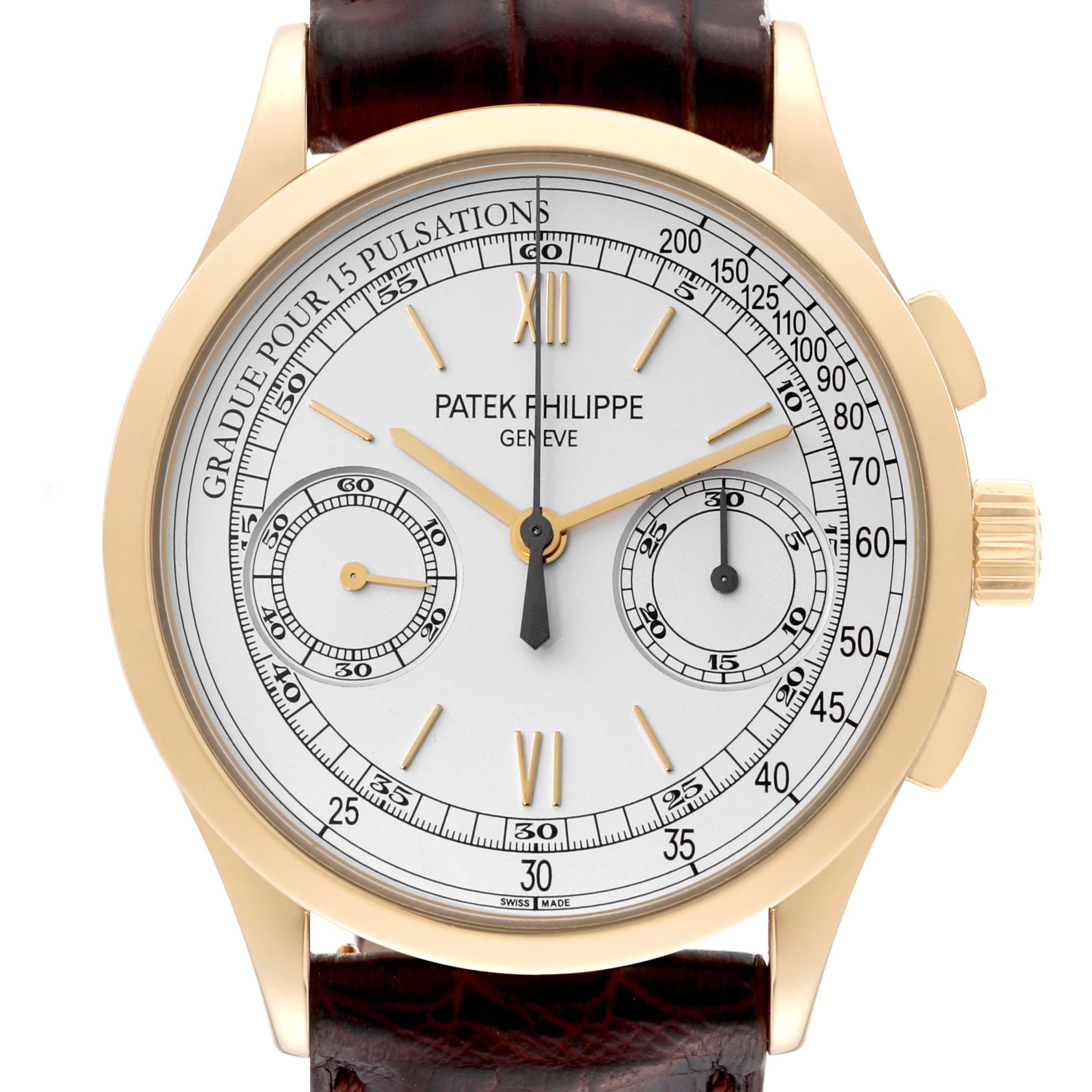 This is a front view of the Patek Philippe Complications 5170J Men
s Yellow Gold Silver Dial 5170J Men
s Yellow Gold Silver Dial model watch, showing the entire dial, markers, hands, and part of the leather strap.