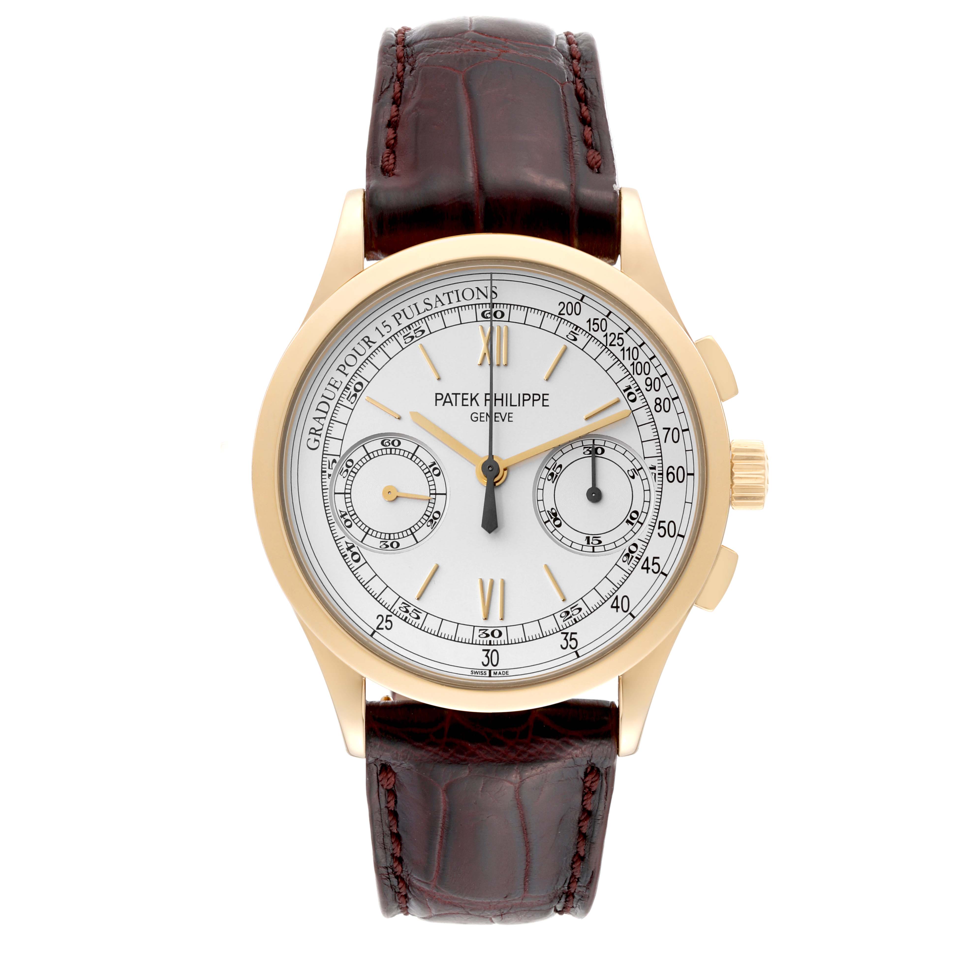 This image shows a frontal view of the Patek Philippe Complications 5170J Men
s Yellow Gold Silver Dial 5170J Men
s Yellow Gold Silver Dial model watch with a gold case and a brown leather strap.