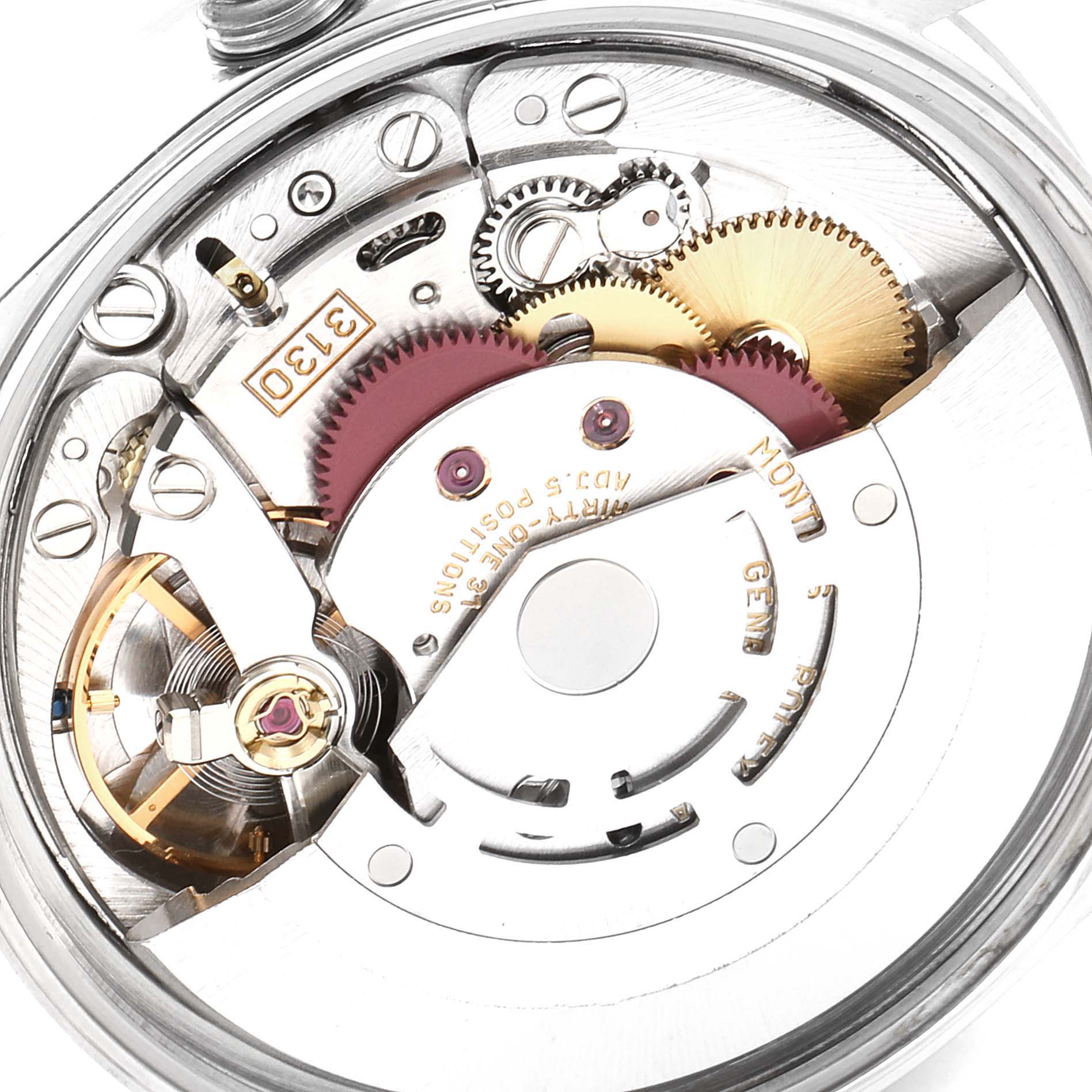 This image shows a close-up view of the internal mechanism and gears of a Rolex Air-King 14000 Men's Stainless Steel Blue Dial 14000 Men's Stainless Steel Blue Dial watch from the back.