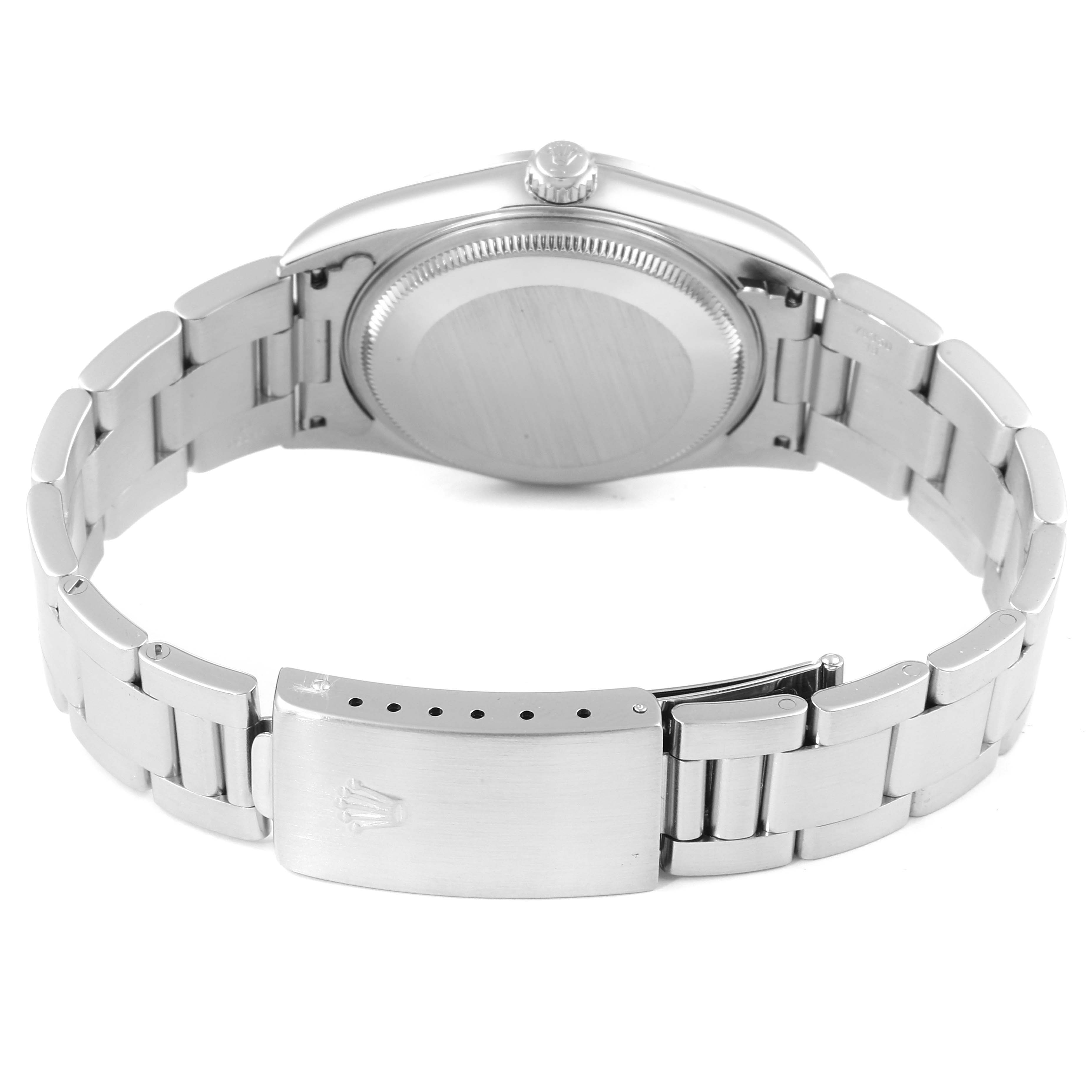 The image shows the back view of a Rolex Air-King 14000 Men's Stainless Steel Blue Dial 14000 Men's Stainless Steel Blue Dial watch, highlighting its clasp, bracelet, and case back.