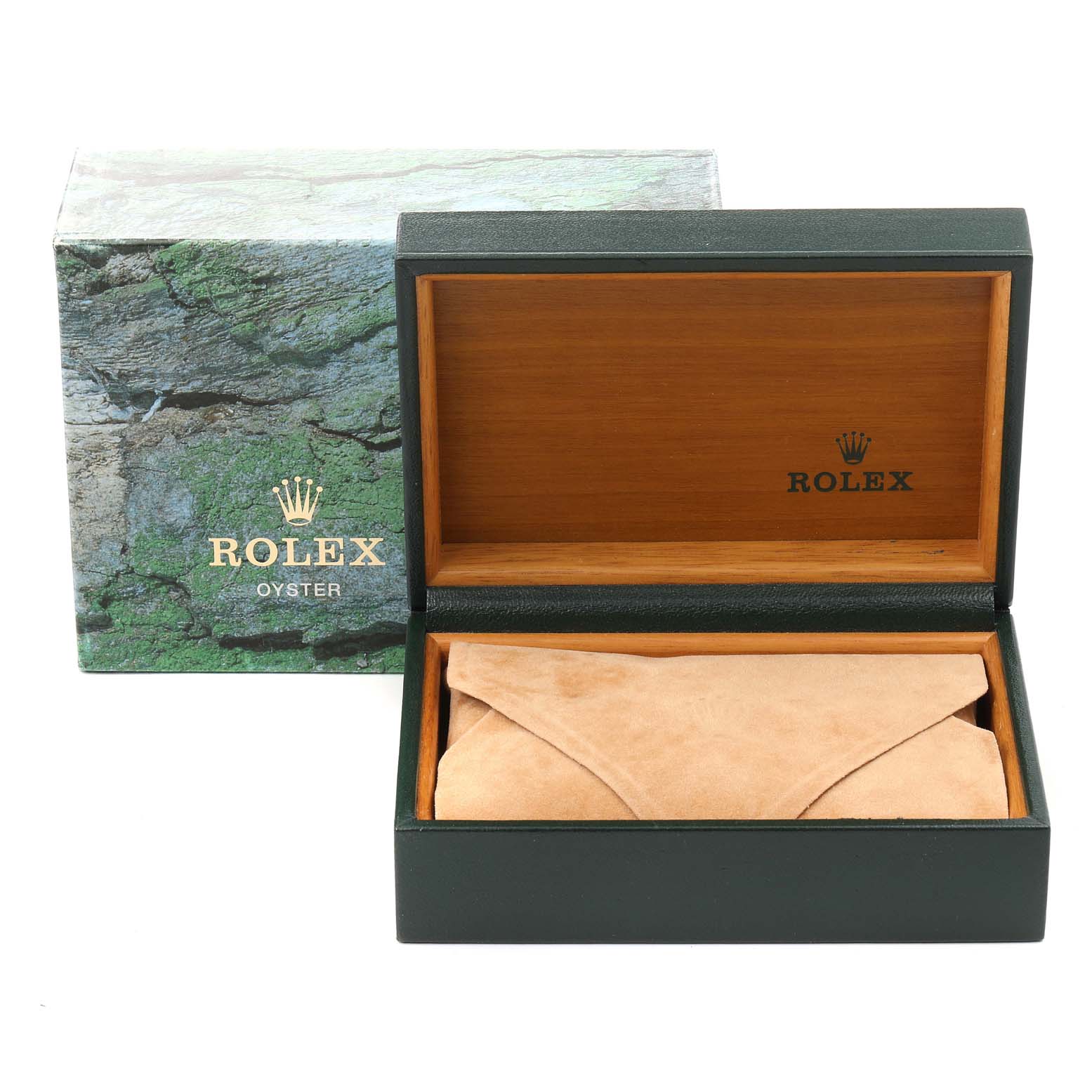 This image shows an open Rolex Air-King 14000 Men's Stainless Steel Blue Dial 14000 Men's Stainless Steel Blue Dial watch box from a front angle, displaying the interior and a suede pouch.