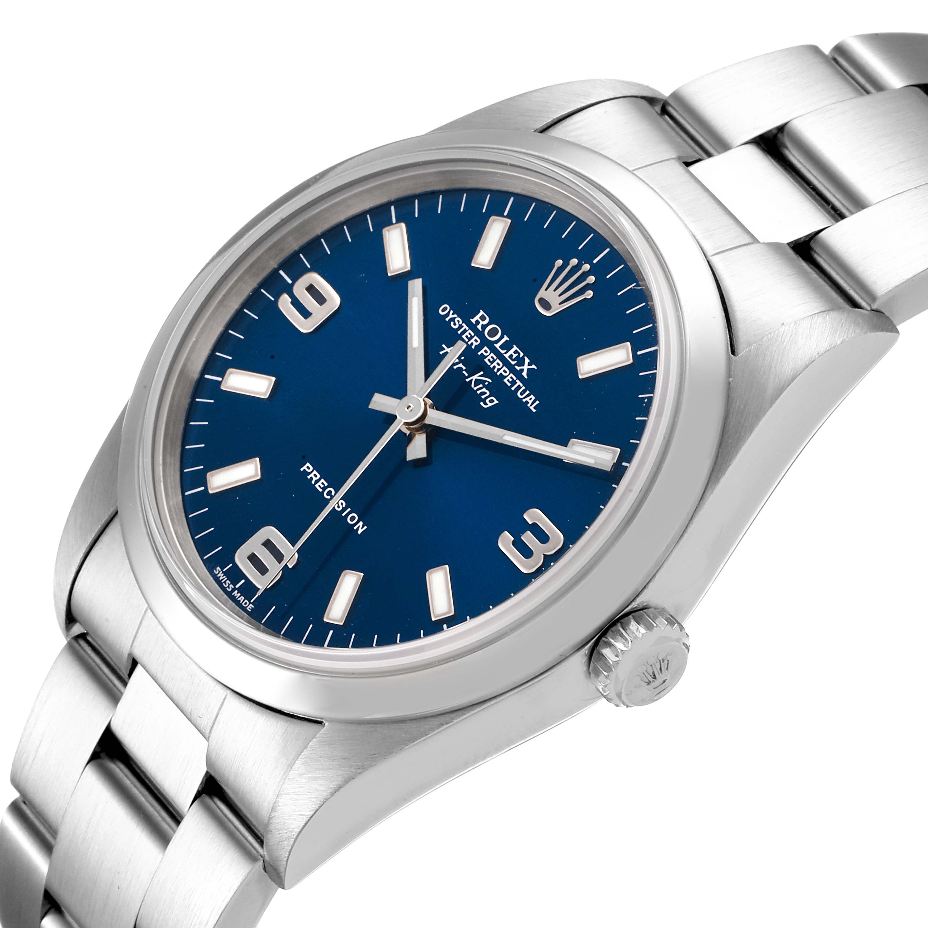 The Rolex Air-King 14000 Men's Stainless Steel Blue Dial 14000 Men's Stainless Steel Blue Dial watch is shown at a slight angle, displaying its blue dial, silver bracelet, and crown.