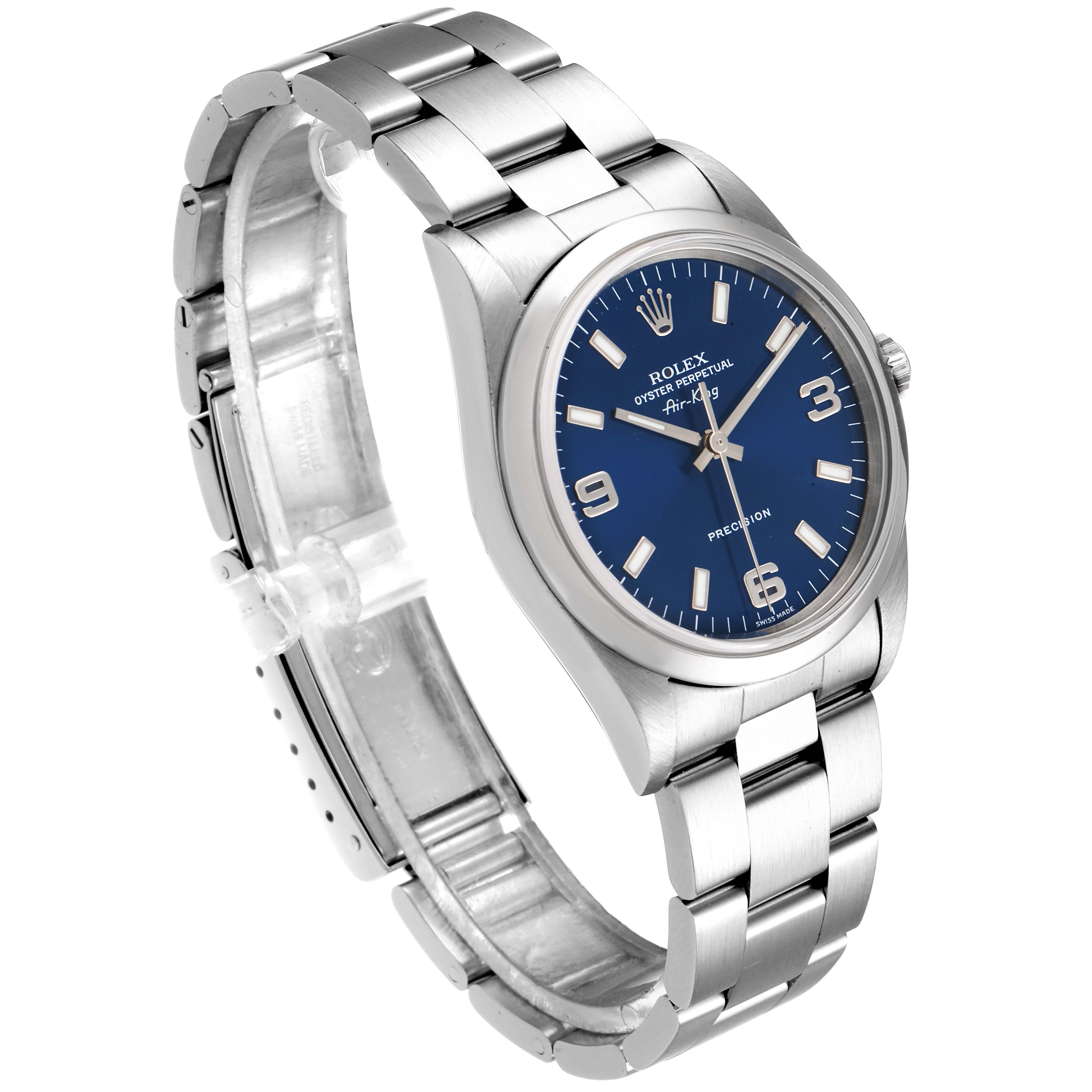 The image showcases a Rolex Air-King 14000 Men's Stainless Steel Blue Dial 14000 Men's Stainless Steel Blue Dial watch at a three-quarter angle highlighting the bracelet, case, and blue dial.