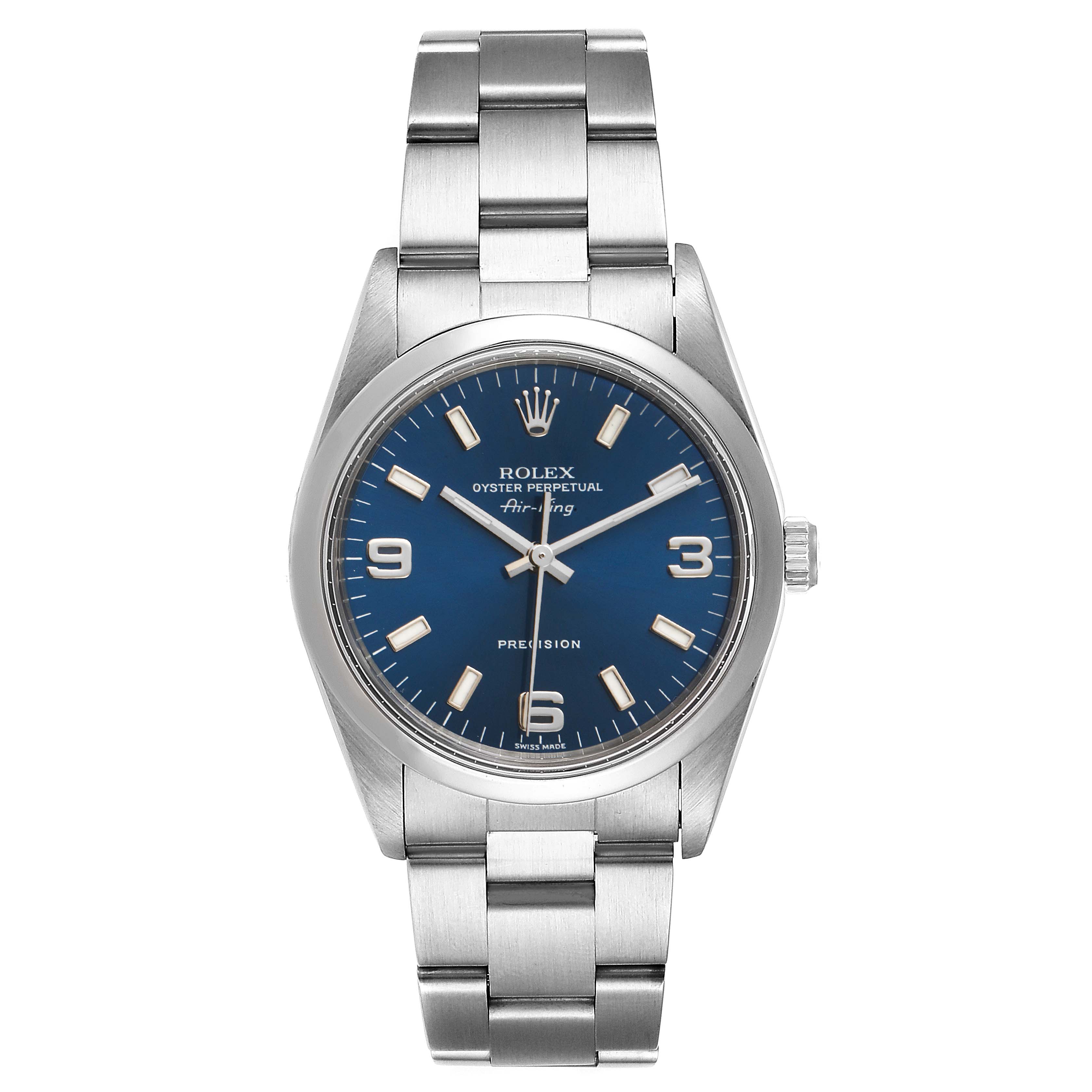 The Rolex Air-King 14000 Men's Stainless Steel Blue Dial 14000 Men's Stainless Steel Blue Dial watch is shown from a frontal angle, displaying its blue dial and bracelet.