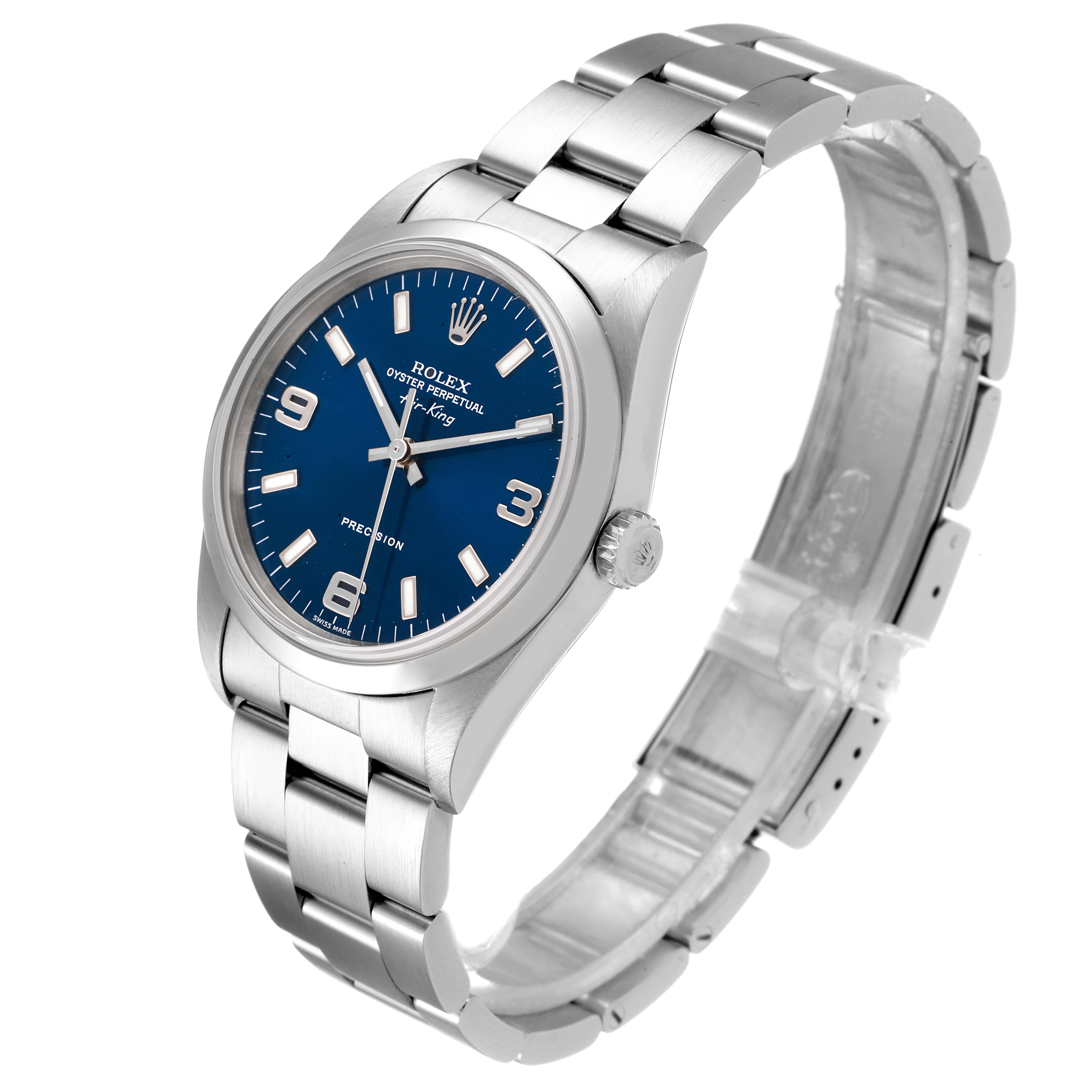 The Rolex Air-King 14000 Men's Stainless Steel Blue Dial 14000 Men's Stainless Steel Blue Dial watch is shown at an angled view, displaying the face, bezel, crown, and stainless steel bracelet.