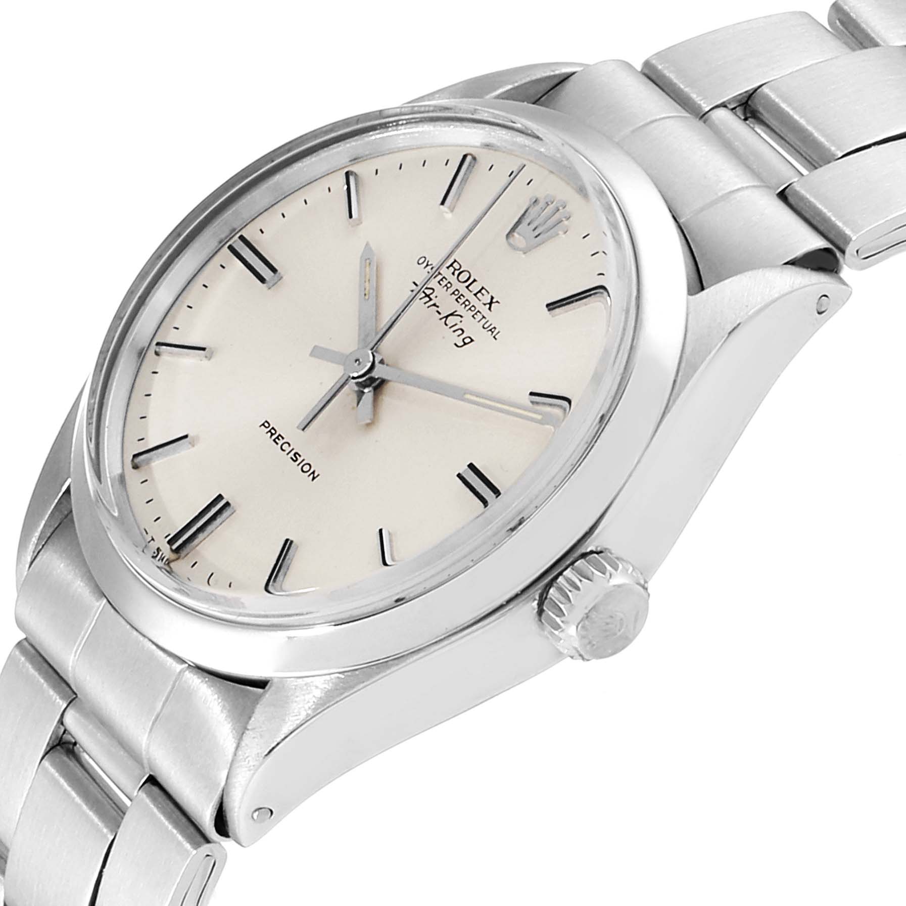 The image shows a side angle view of the Rolex Vintage Collection 5500 Men's Stainless Steel Silver Dial 5500 Men's Stainless Steel Silver Dial watch, highlighting the dial, bezel, crown, and bracelet.