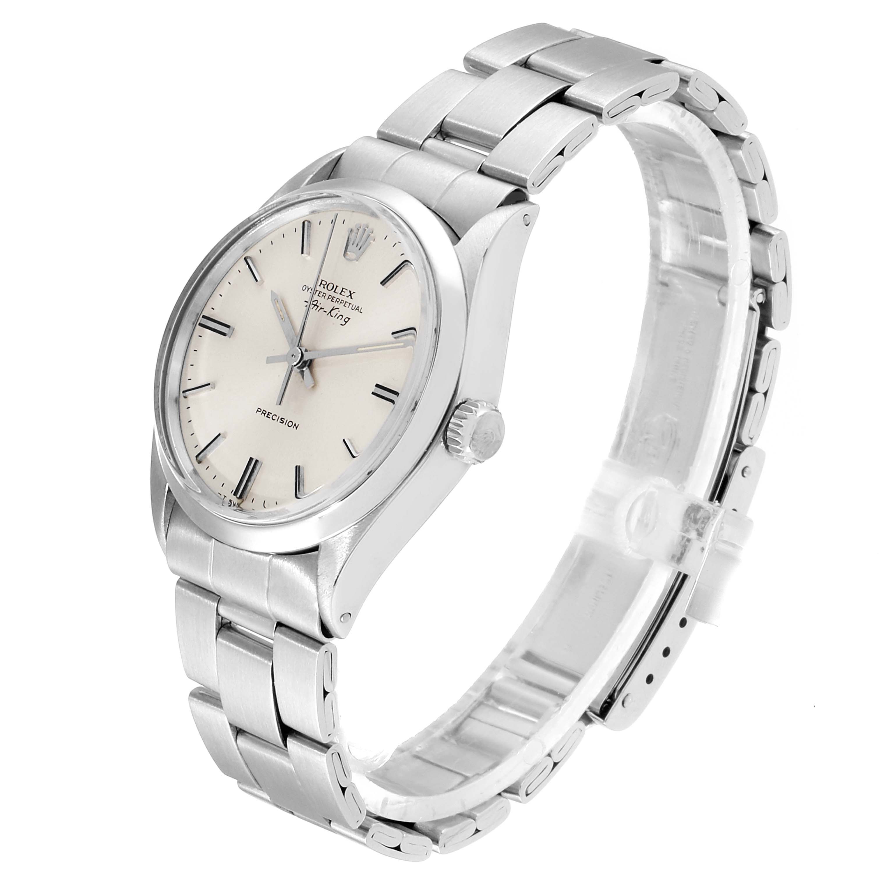 The image shows a side view angle of the Rolex Vintage Collection 5500 Men's Stainless Steel Silver Dial 5500 Men's Stainless Steel Silver Dial model, displaying its dial, case, and metal bracelet.