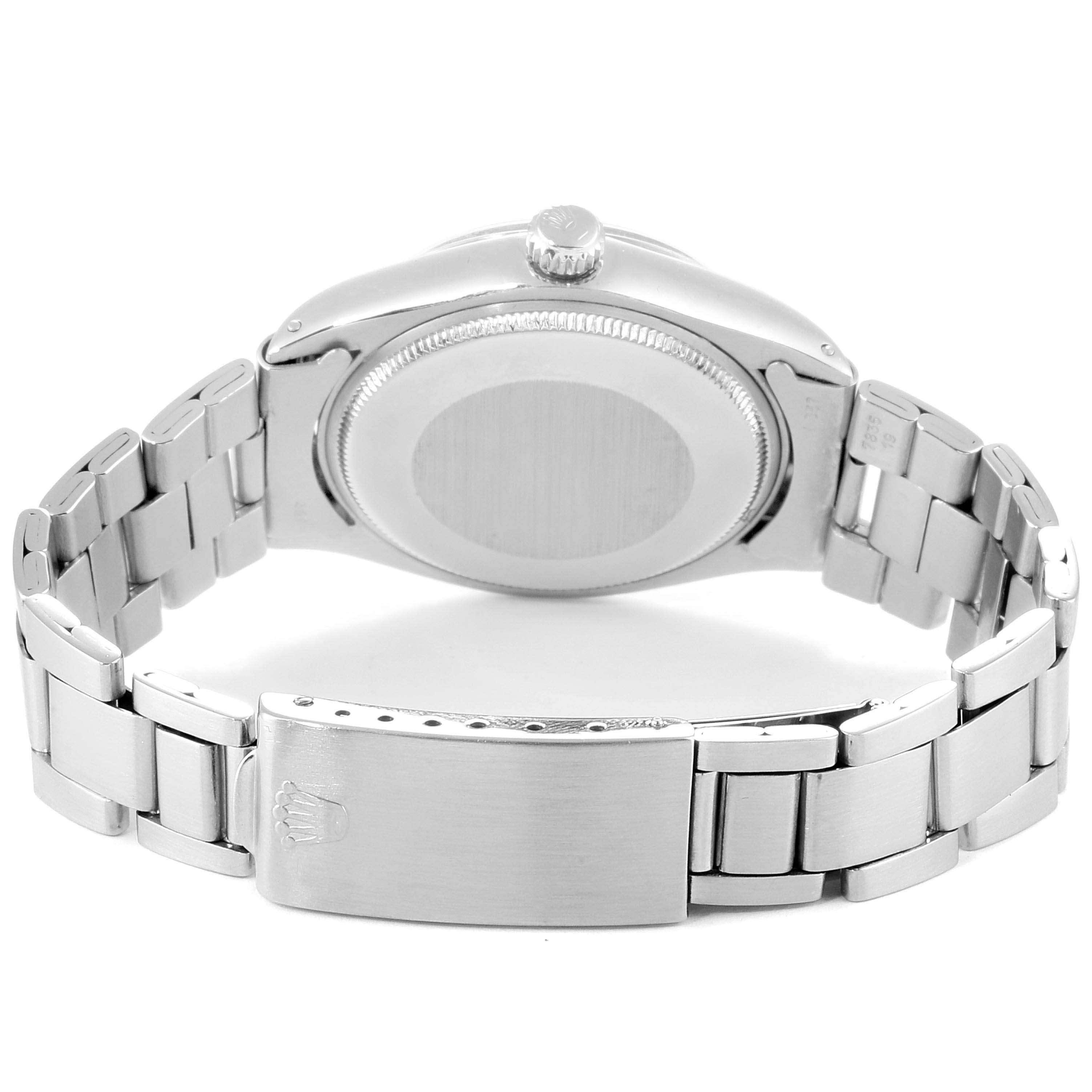 This image shows the back view of the Rolex Vintage Collection 5500 Men's Stainless Steel Silver Dial 5500 Men's Stainless Steel Silver Dial model, highlighting its case, crown, and bracelet.