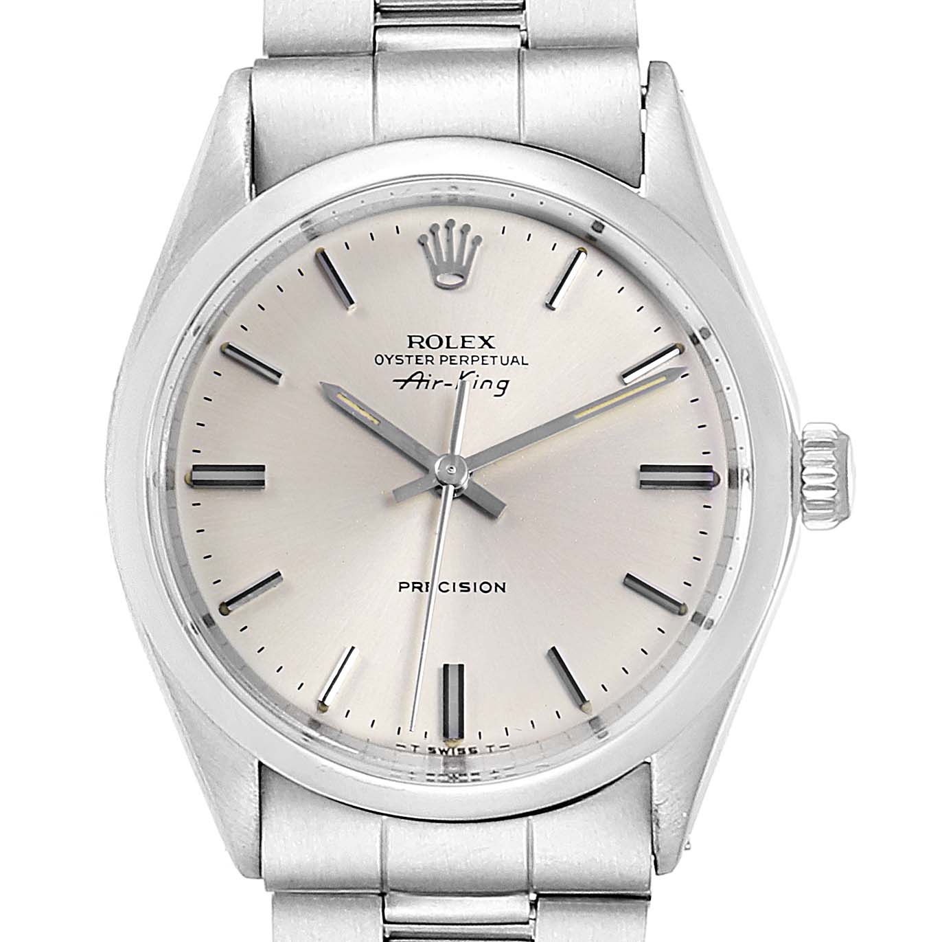This image shows a front view of the Rolex Air-King Vintage Collection watch, displaying the dial, hands, and partial bracelet.