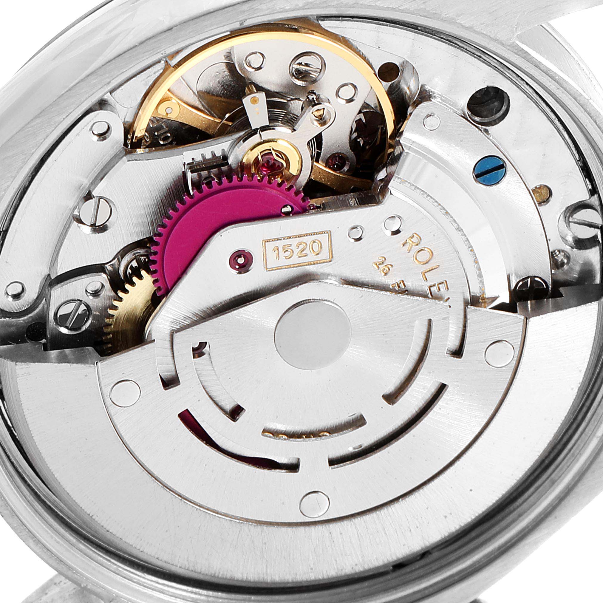 This image shows the intricate internal mechanism of the Vintage Collection model by Rolex, viewed from the back.