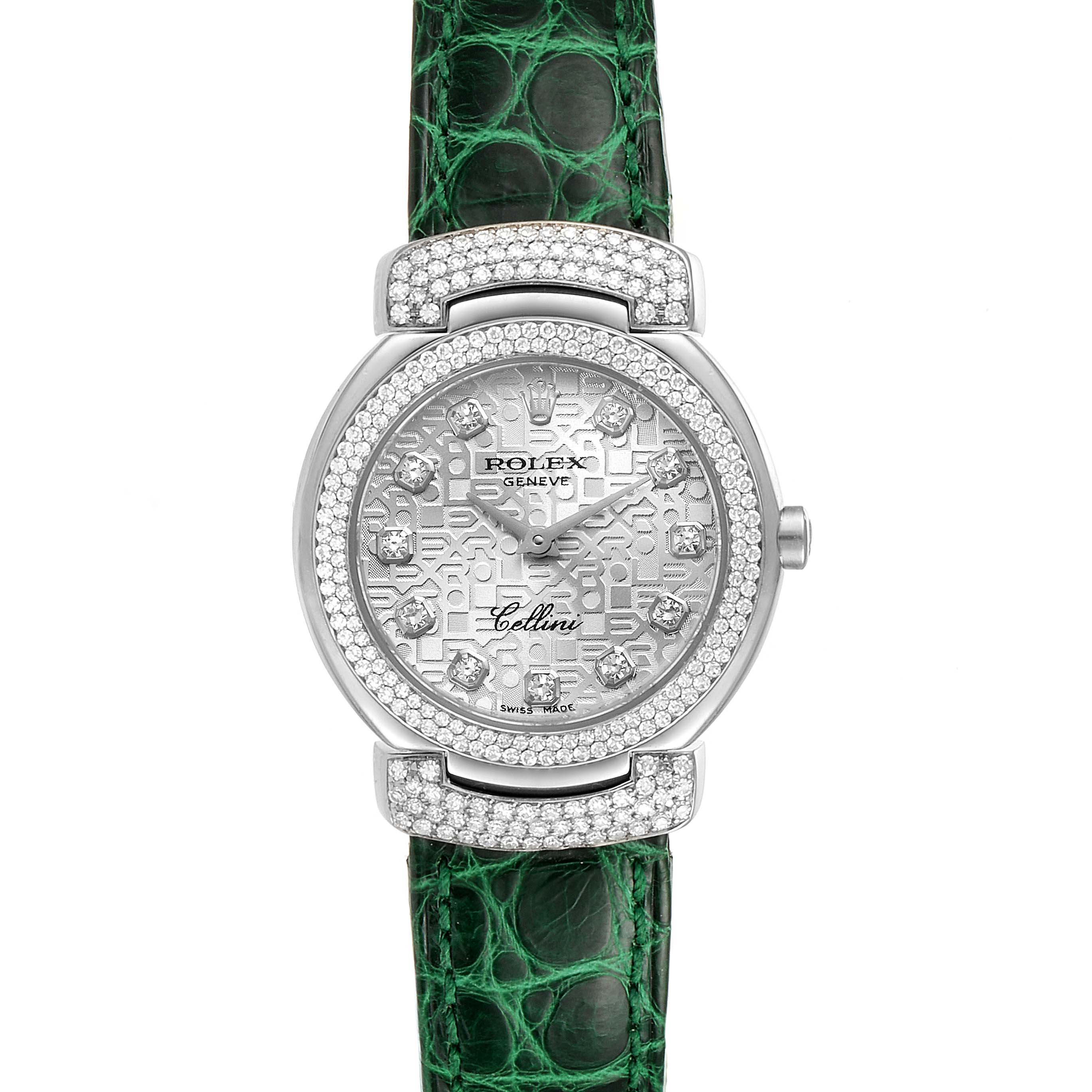 This image shows a Rolex Cellini 6673 Women's Stainless Steel Silver Dial 6673 Women's Stainless Steel Silver Dial watch from a top view, displaying the dial, bezel, and part of the green strap.