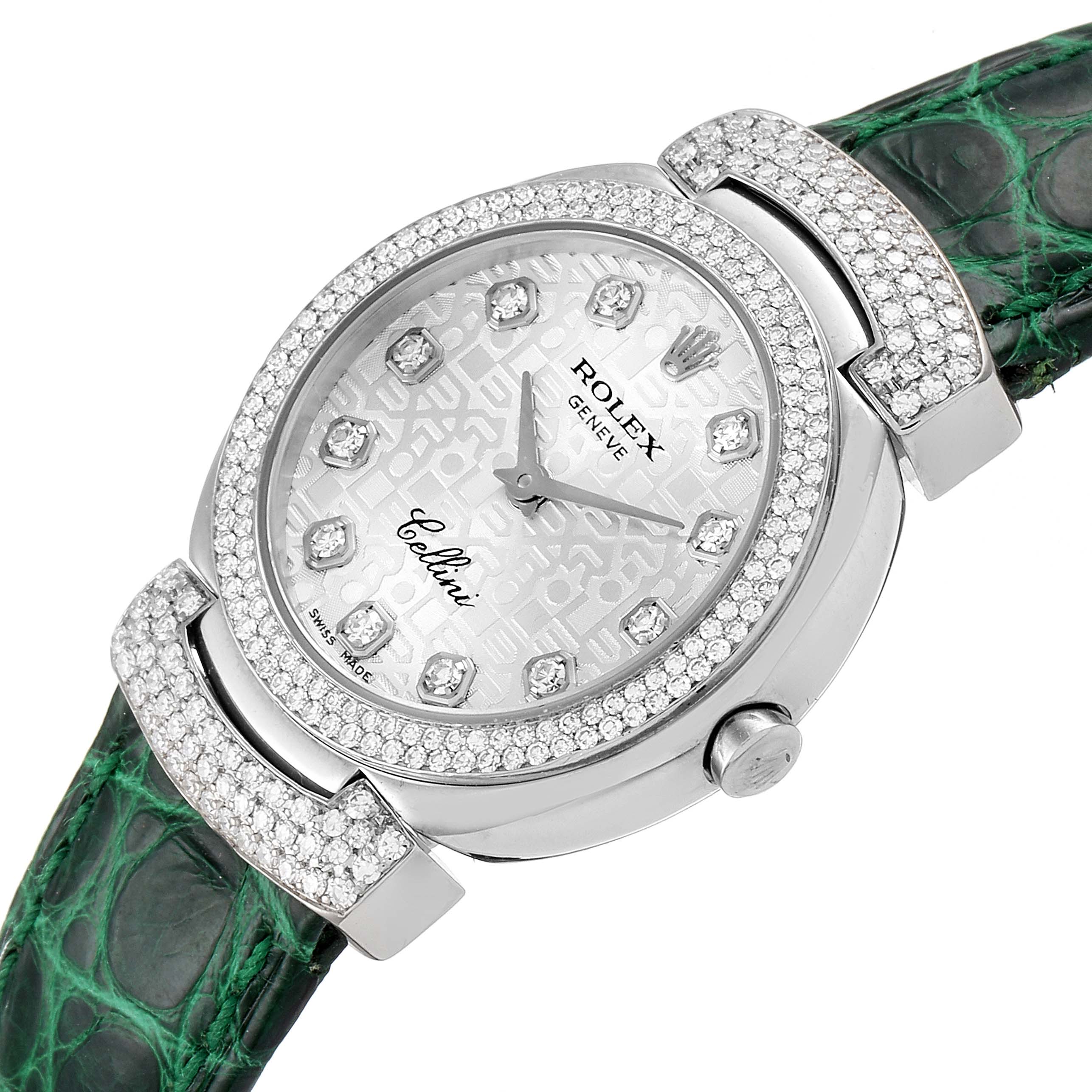 The Rolex Cellini 6673 Women's Stainless Steel Silver Dial 6673 Women's Stainless Steel Silver Dial watch is shown at an angled top-down view, highlighting the dial, diamond bezel, and green leather strap.