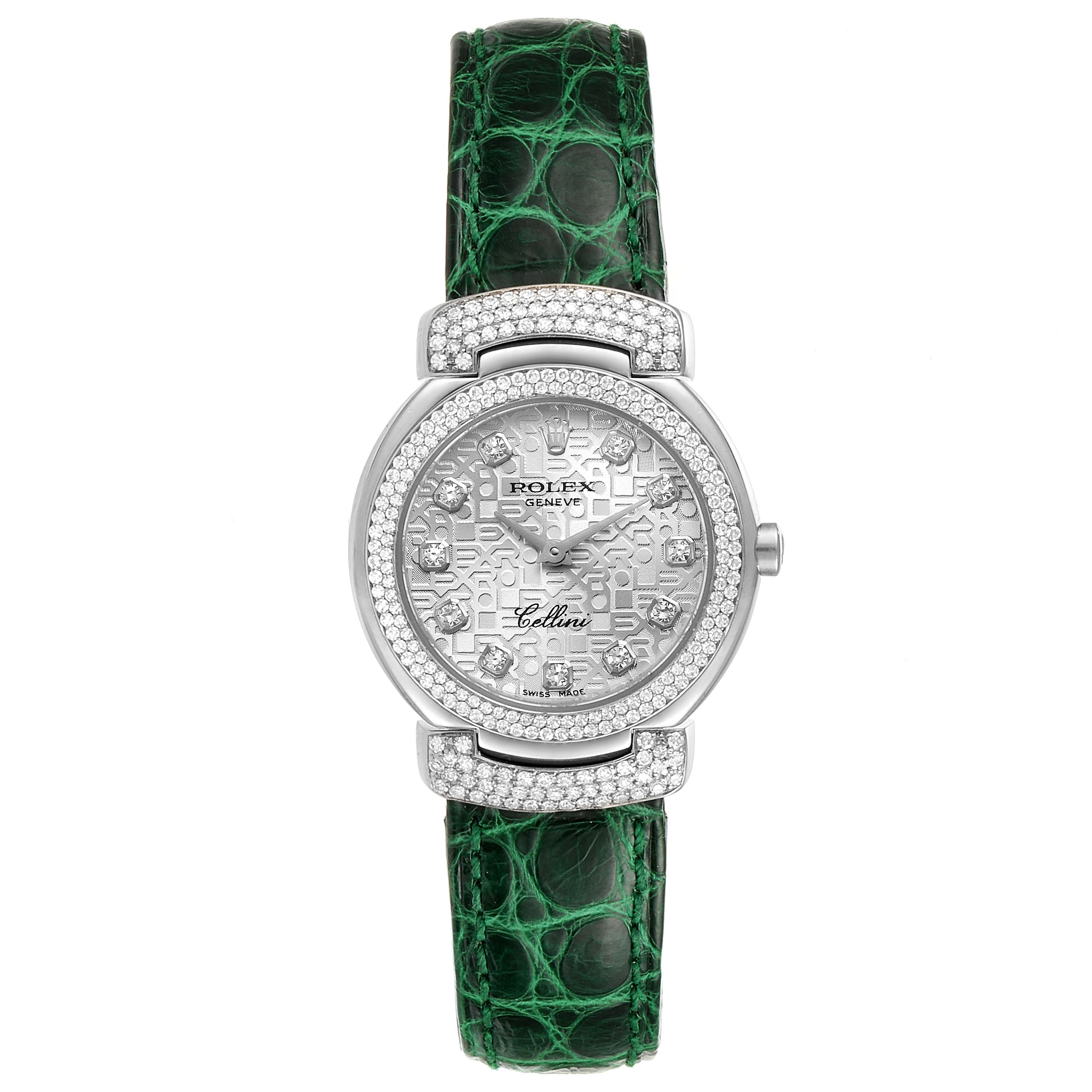 This image shows a front view of the Rolex Cellini 6673 Women's Stainless Steel Silver Dial 6673 Women's Stainless Steel Silver Dial watch featuring a diamond-studded bezel and a green alligator leather strap.