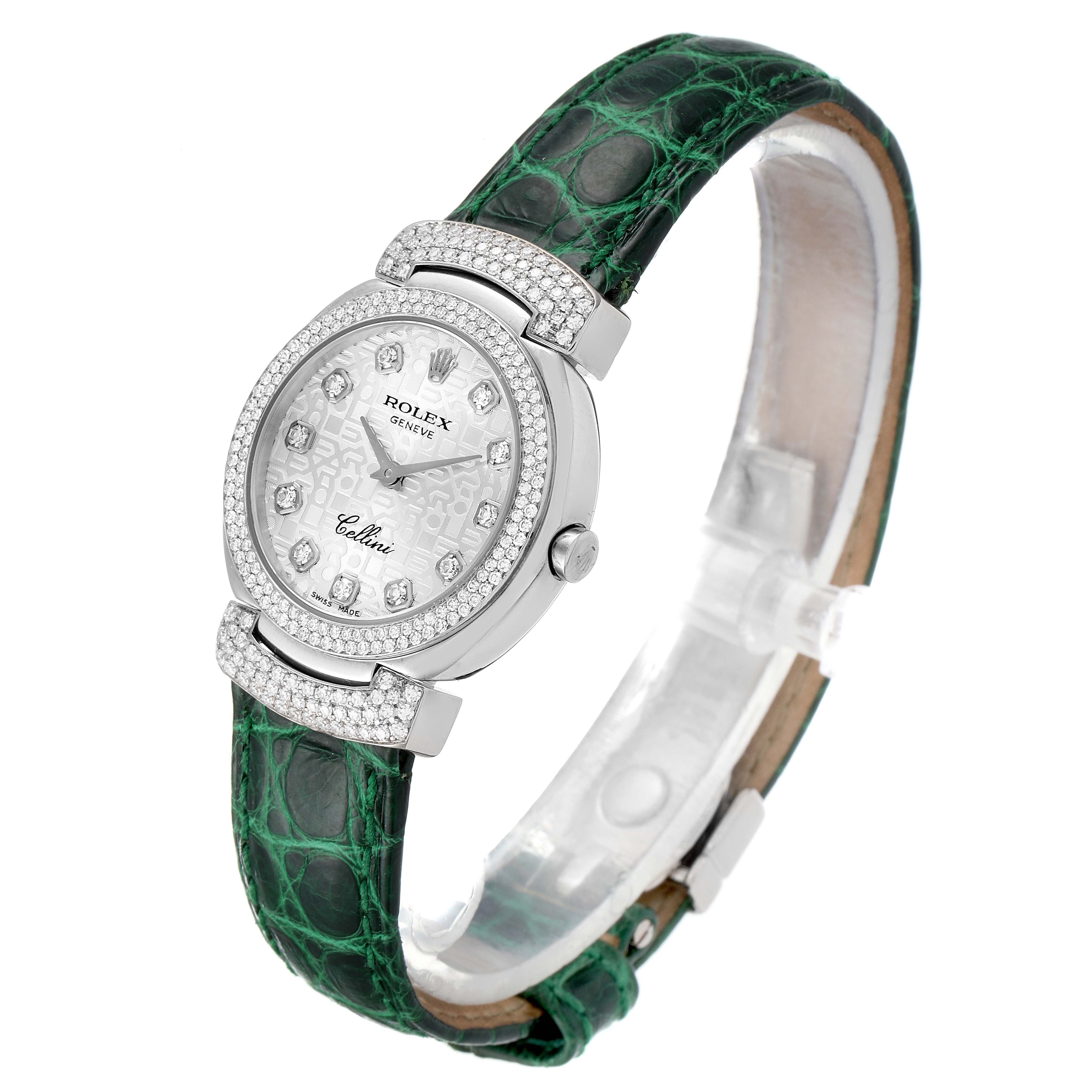 The Rolex Cellini 6673 Women's Stainless Steel Silver Dial 6673 Women's Stainless Steel Silver Dial watch is shown at a slight angle, highlighting the watch face, case, diamond accents, and green leather strap.