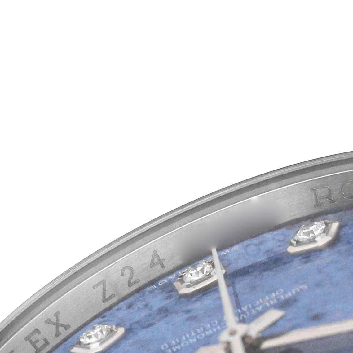 The image shows a close-up of the Rolex Datejust 116234 Men's Stainless Steel Blue Dial dial and bezel with diamond hour markers.