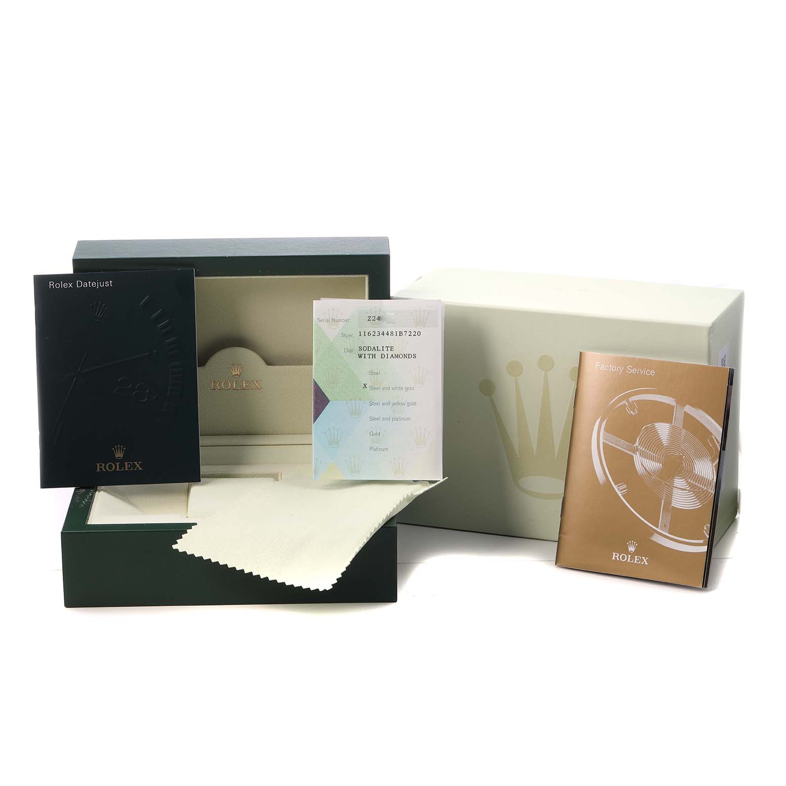 The image shows the packaging and accessories for the Rolex Datejust 116234 Men's Stainless Steel Blue Dial, including boxes, booklets, and a cleaning cloth.