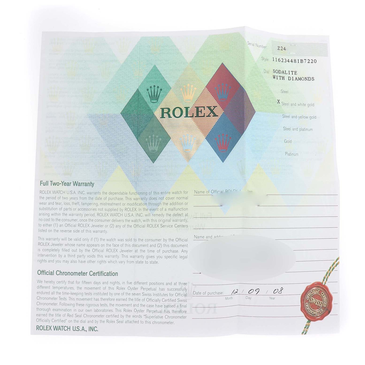 The image shows a Rolex Datejust 116234 Men's Stainless Steel Blue Dial warranty card featuring details about the watch model and purchase date.